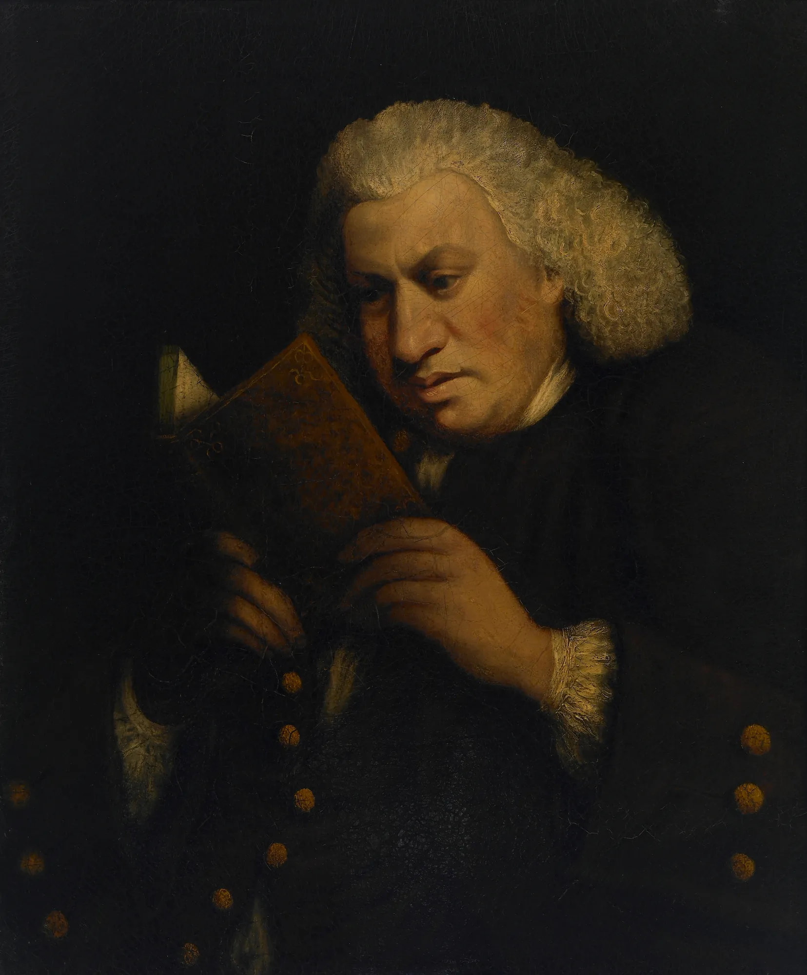Portrait of Dr. Samuel Johnson Portrait of Dr. Samuel Johnson by Frances Reynolds. A portrait of an elderly man with a powdered white wig, holding a small book close to his face against a dark background.
