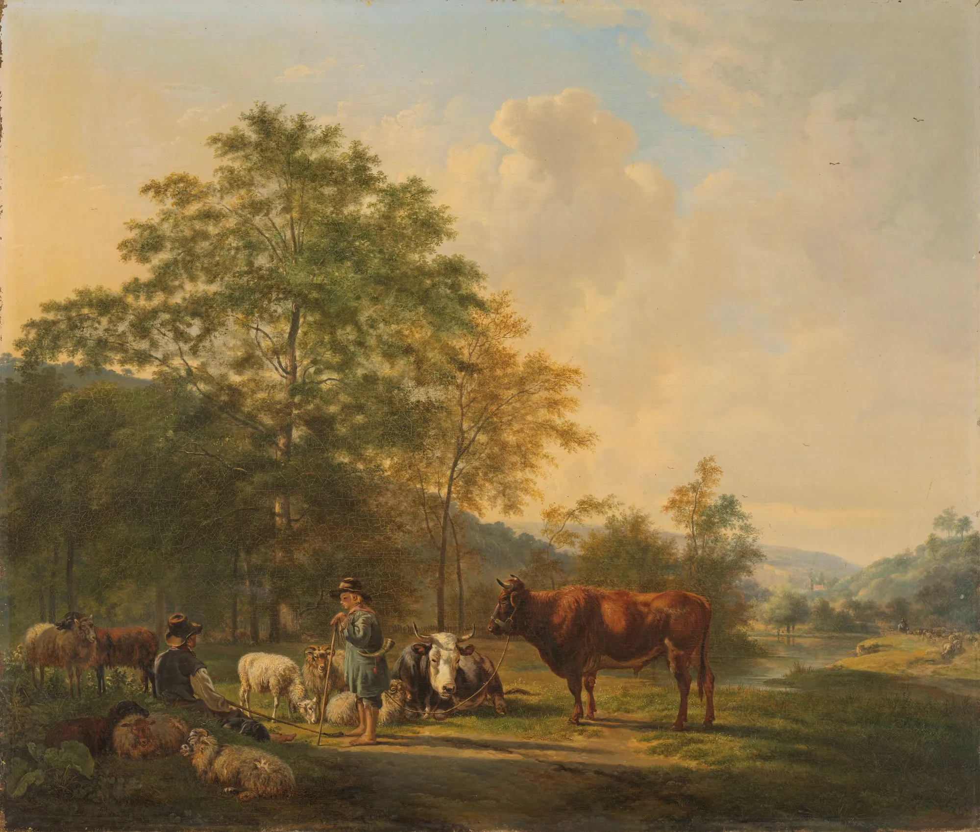 Hilly Landscape with Shepherd, Drover and Cattle Hilly Landscape with Shepherd, Drover and Cattle by Pieter Gerardus van Os. A sun-drenched hilly landscape featuring a shepherd, a drover, and a gathering of cattle and sheep by a path near a river.