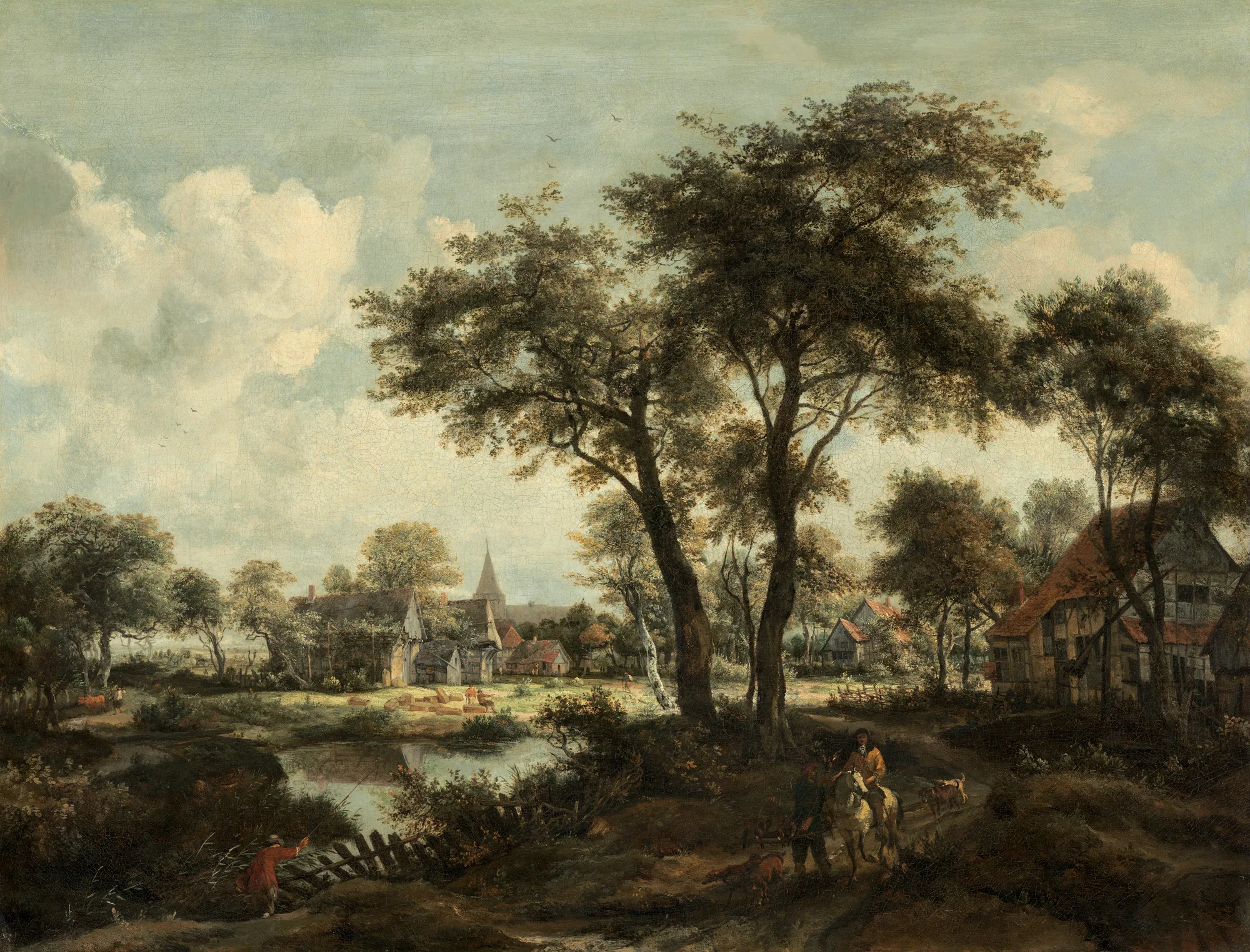 Village near a Pool Village near a Pool by Meindert Hobbema. A verdant Dutch landscape featuring a reflective pond in the foreground, large deciduous trees, and a village with a church spire in the distance.