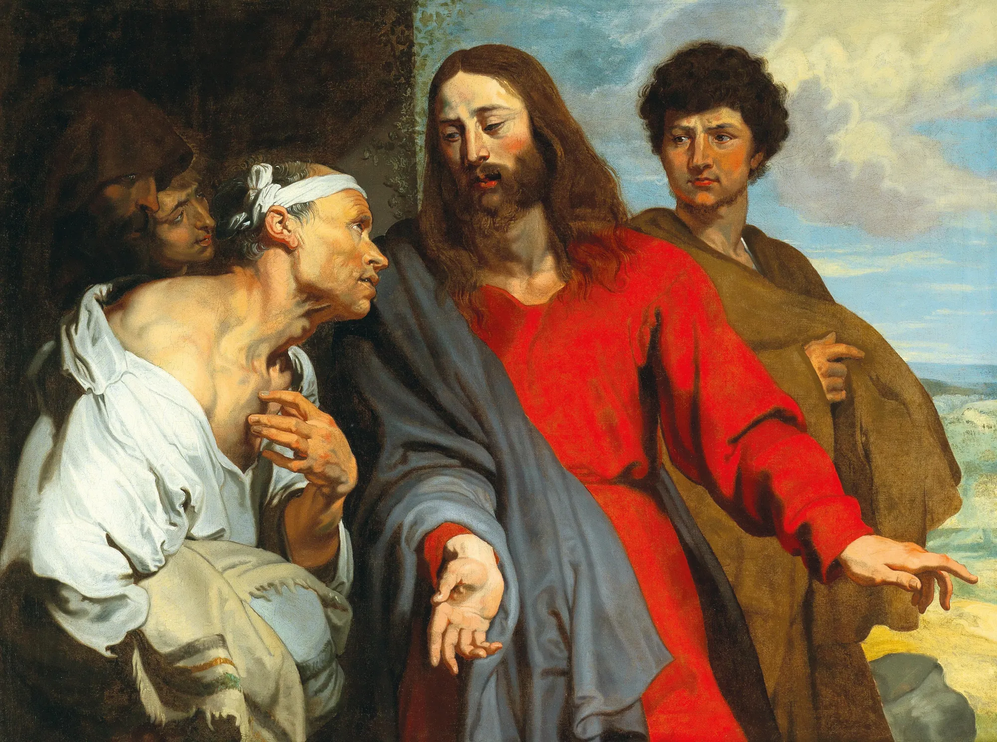 The Healing of the Paralytic The Healing of the Paralytic by Anthony van Dyck. Jesus Christ, draped in a vibrant red robe and blue cloak, gestures toward a man with a bandaged head who gazes upward in a moment of miraculous healing.