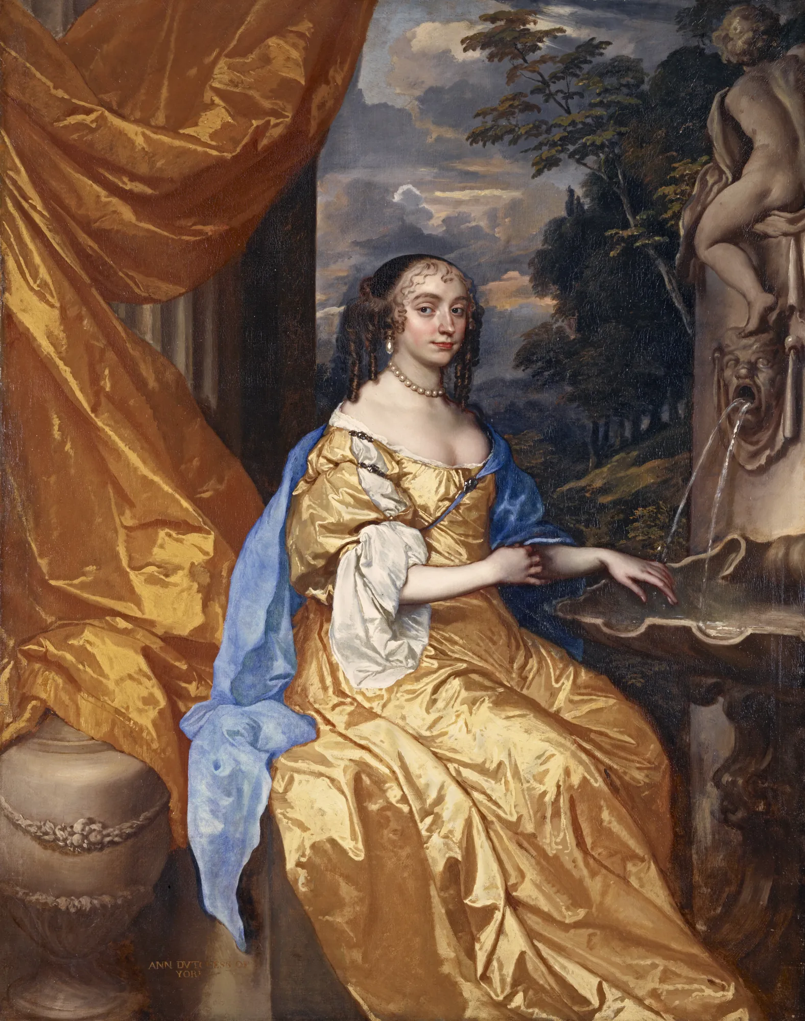 Anne Hyde, Duchess of York Anne Hyde, Duchess of York by Peter Lely. A three-quarter length portrait of a woman in a shimmering gold gown and blue cloak seated beside a stone fountain with a putto sculpture.