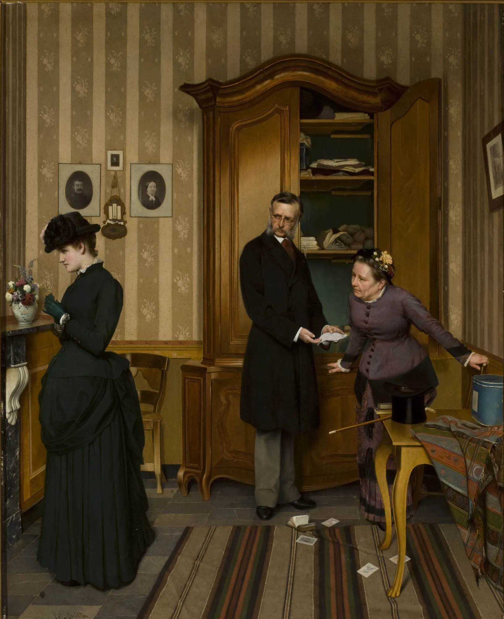 First Love Letter First Love Letter by Eduard Quitton. A 19th-century interior scene depicting a young woman turning away while two older figures examine a letter in front of a large wardrobe.