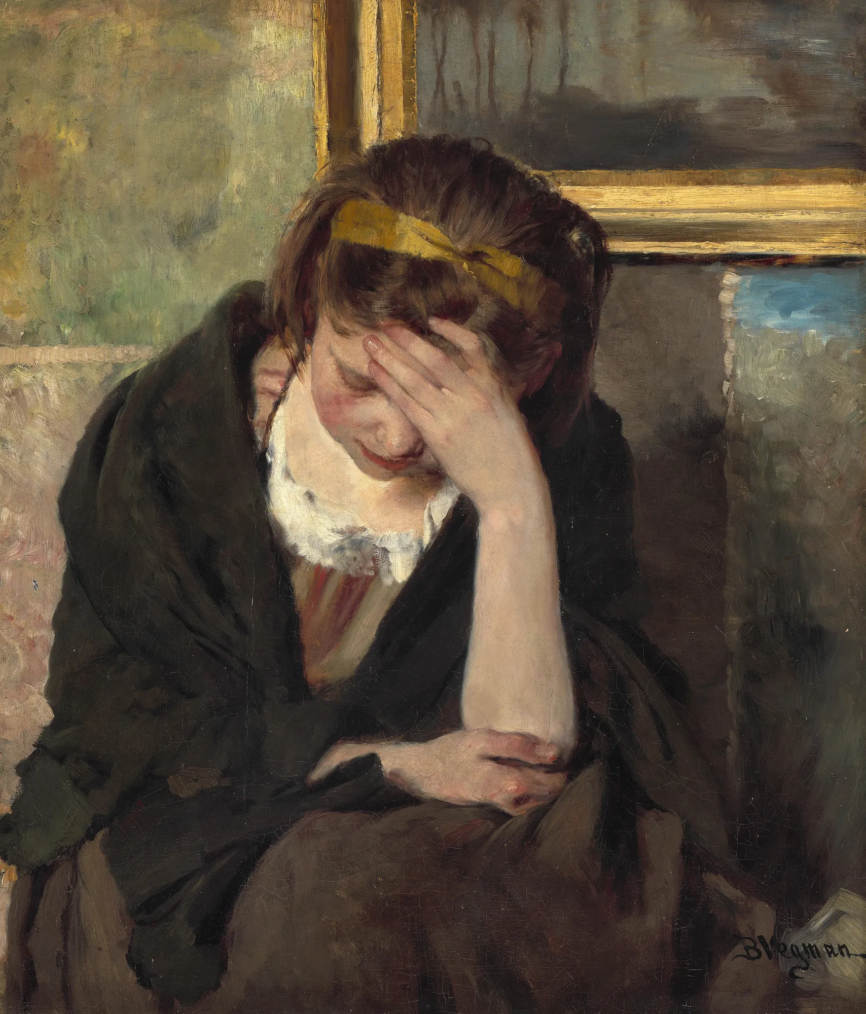 Seated Young Woman Resting Her Head in Her Hand