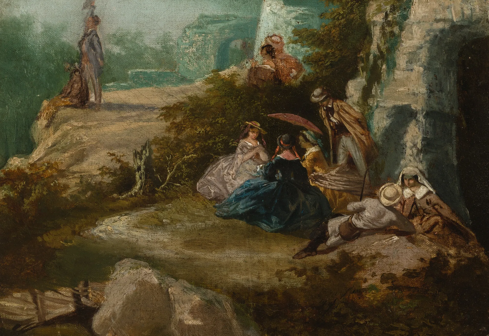 On a Trip III On a Trip III by Josef Mánes. A group of nineteenth-century travelers in formal attire rest near ancient stone ruins while a figure waves from a distant cliff.