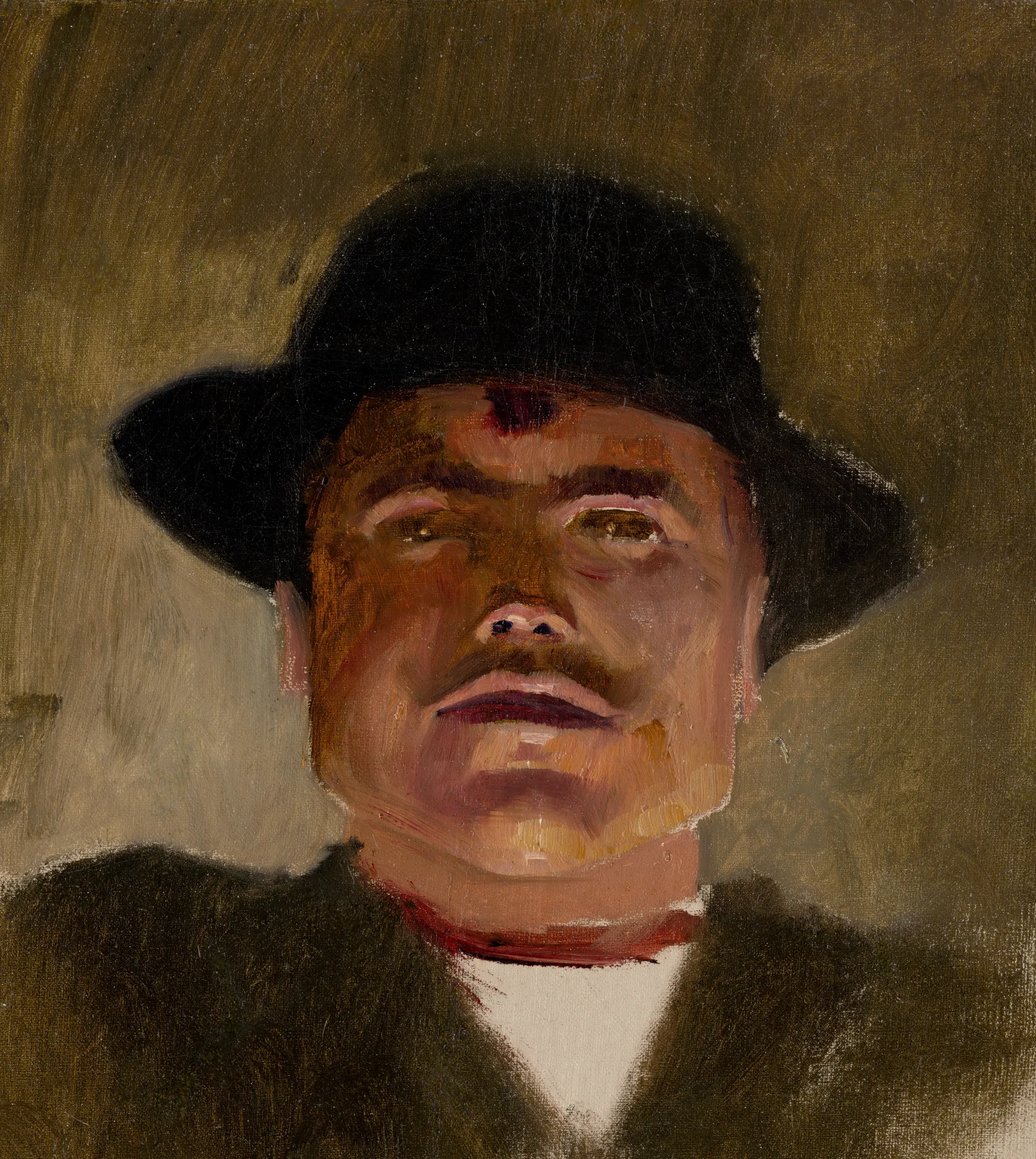 Spiš Peasant in a Hat Spiš Peasant in a Hat by László Mednyánszky. A low-angle oil portrait of a man with a dark mustache wearing a wide-brimmed black hat against a murky, greenish-brown background.