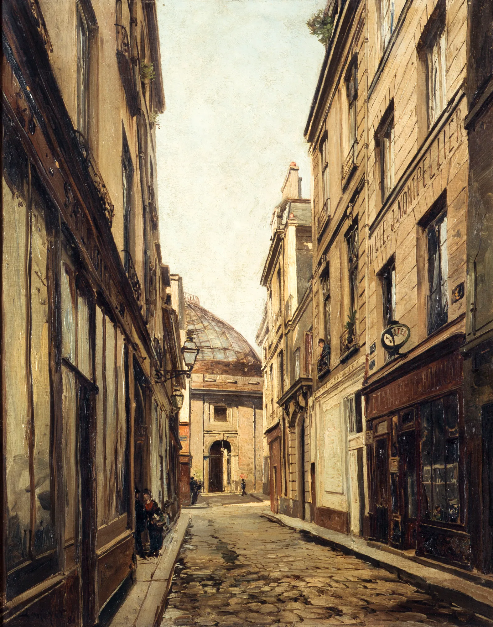La Rue Sauval, Paris La Rue Sauval, Paris by Emmanuel Lansyer. A narrow cobblestone street in Paris leads the eye toward a domed building in the distance under a bright sky.