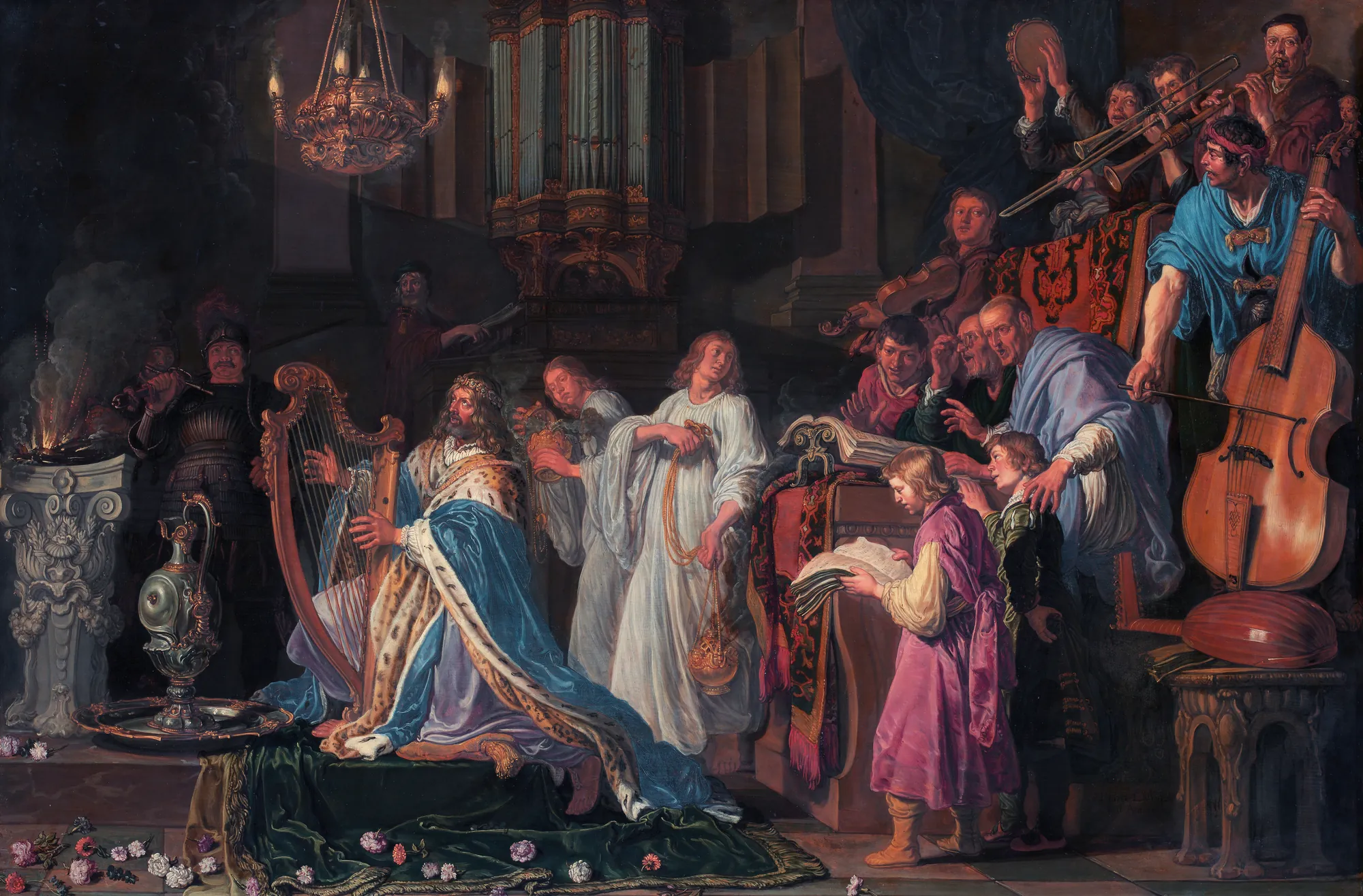 David in the Temple David in the Temple by Pieter Lastman. King David kneels in a dimly lit temple playing a harp, surrounded by priests and musicians with various instruments including an organ and trumpets.
