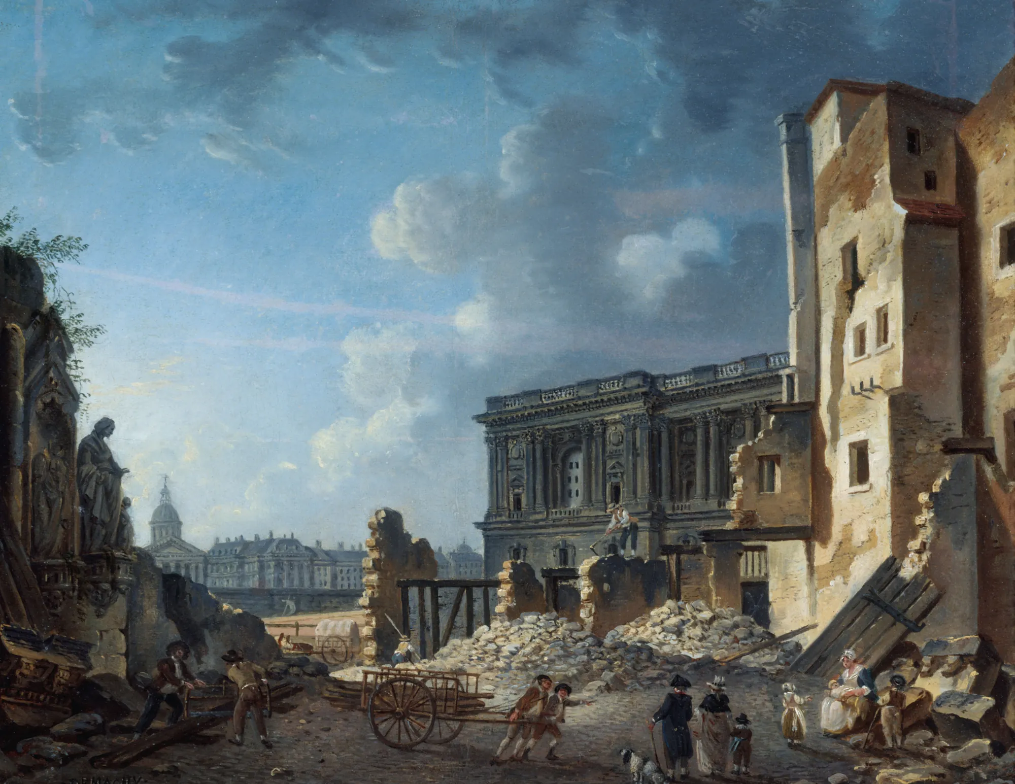Dégagement de la colonnade du Louvre Dégagement de la colonnade du Louvre by Pierre-Antoine Demachy. Workers clear mounds of stone rubble in front of the grand classical facade of the Louvre's colonnade under a cloud-filled blue sky.