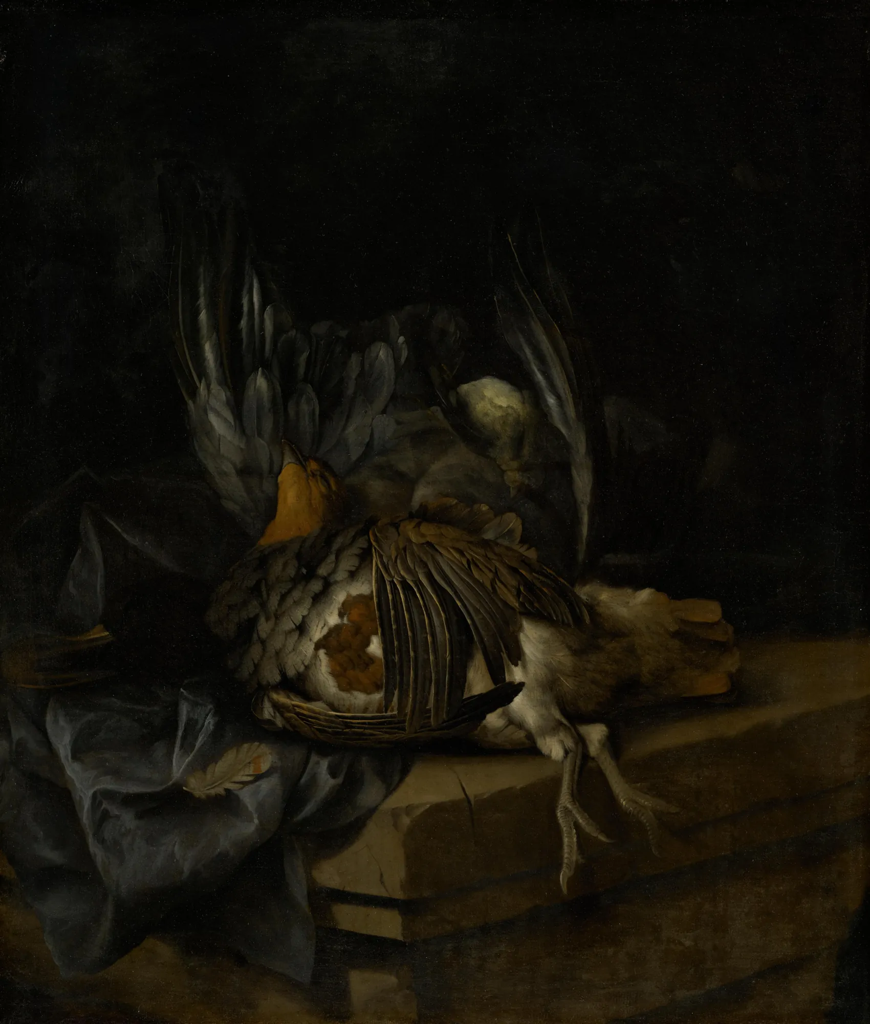 Still Life with Partridge, Duck and Yellowhammer Still Life with Partridge, Duck and Yellowhammer by Willem van Aelst. A dramatic still life painting depicting a collection of dead game birds resting on a cracked stone plinth against a dark, atmospheric background.