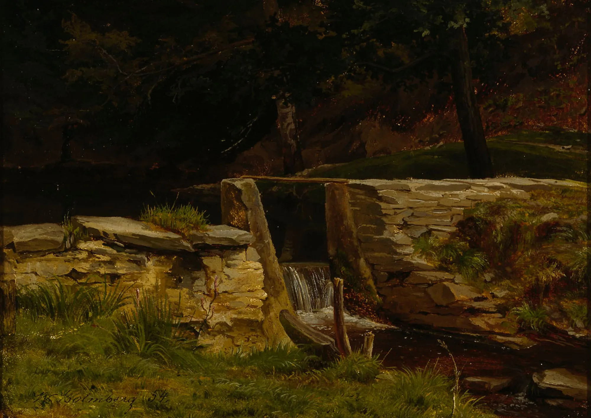 Dammed Stream (Padottu puro) Dammed Stream (Padottu puro) by Werner Holmberg. A small waterfall flows through a gap in a rustic stone wall into a dark stream surrounded by forest foliage.