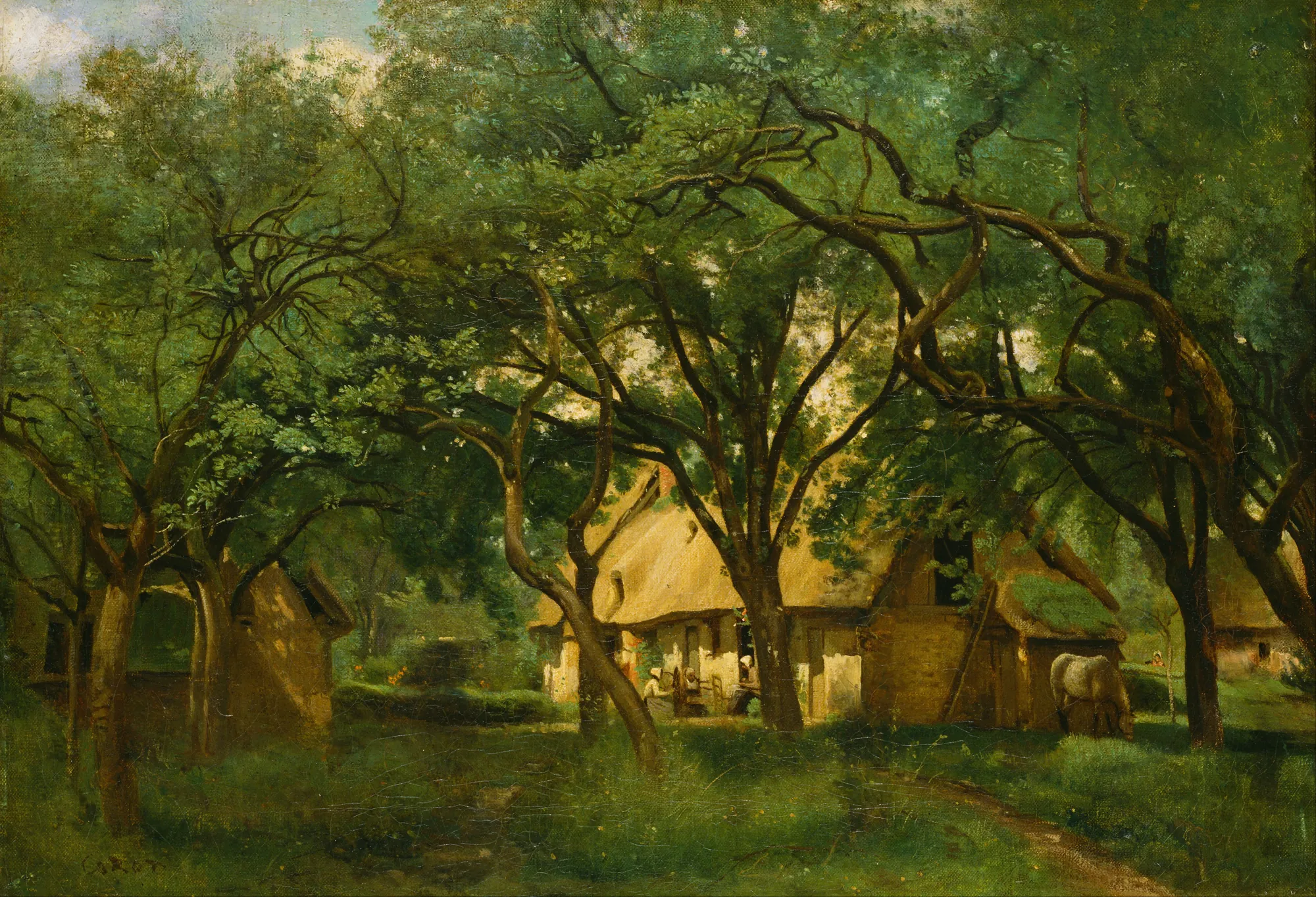 The Toutain Farm at Honfleur The Toutain Farm at Honfleur by Jean-Baptiste Camille Corot. A sun-drenched stone farmhouse with a thatched roof is nestled behind the arching branches of mature, leafy trees, with a white horse grazing nearby.