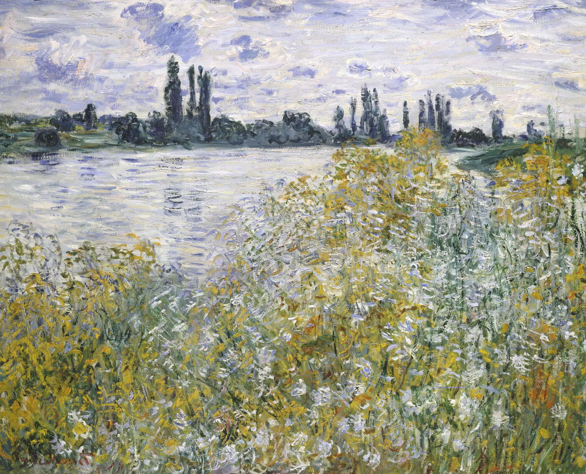 Île aux Fleurs near Vétheuil Île aux Fleurs near Vétheuil by Claude Monet. A vibrant Impressionist landscape depicting a river bank lush with yellow and white wildflowers, with the Seine river and a distant treeline under a soft, cloudy sky.