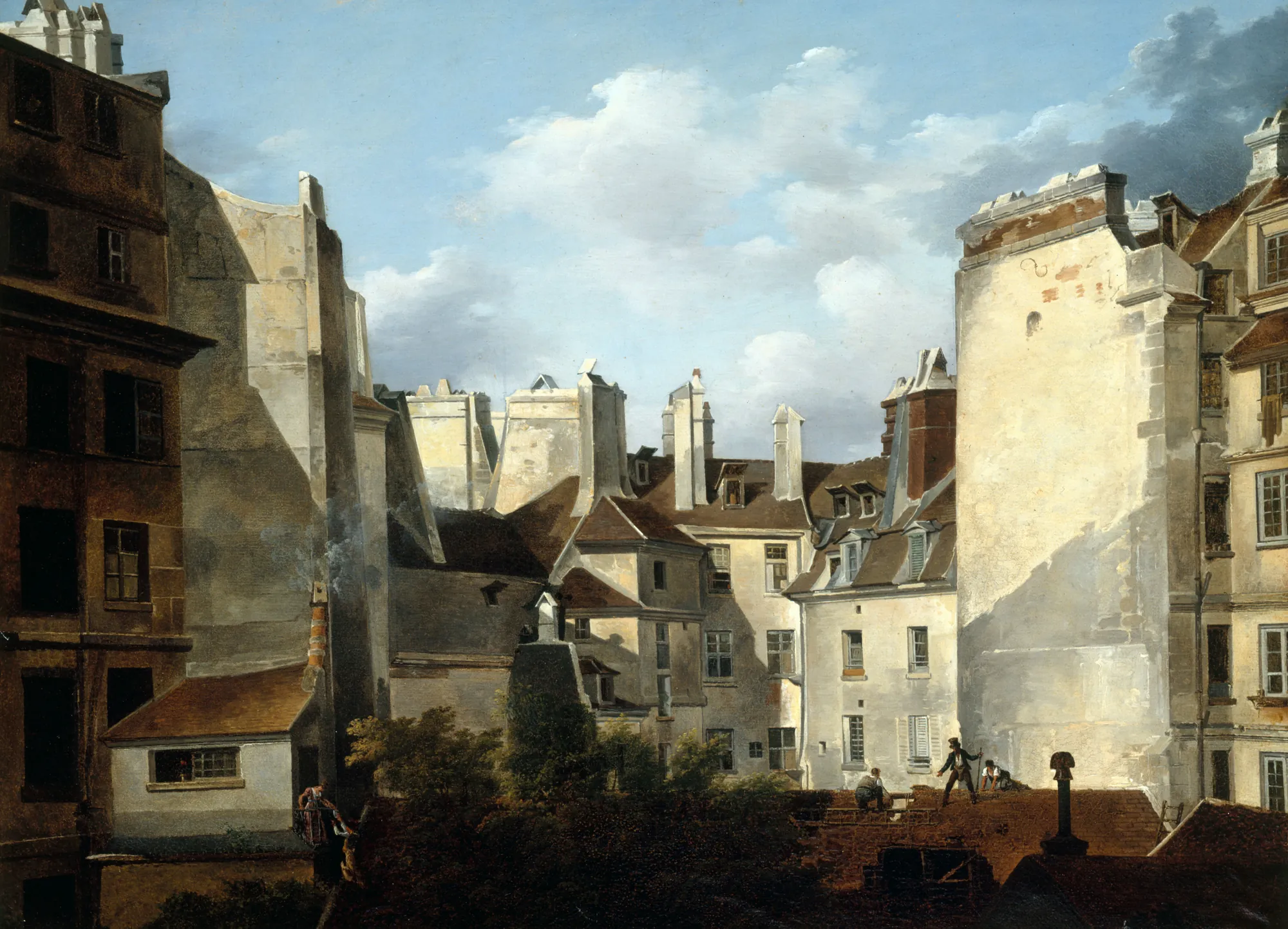 Toits de Paris Toits de Paris by Étienne Bouhot. A detailed 19th-century view of Parisian rooftops and stone building facades under a soft blue sky, with small figures working on a roof.