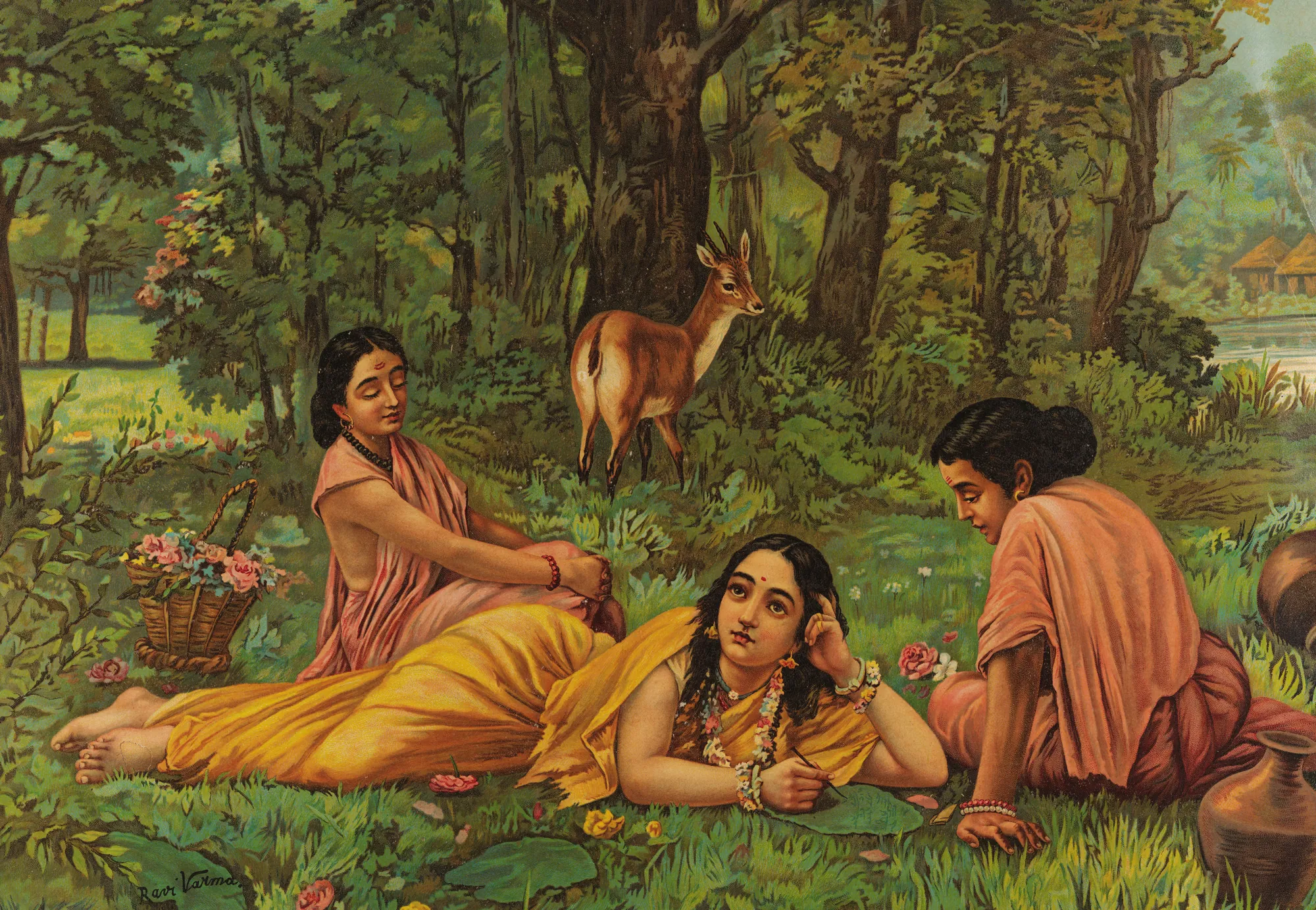 Shakuntala Writing a Love Letter Shakuntala Writing a Love Letter by Raja Ravi Varma. A woman reclines on a lush forest floor writing a letter while two companions and a deer look on.