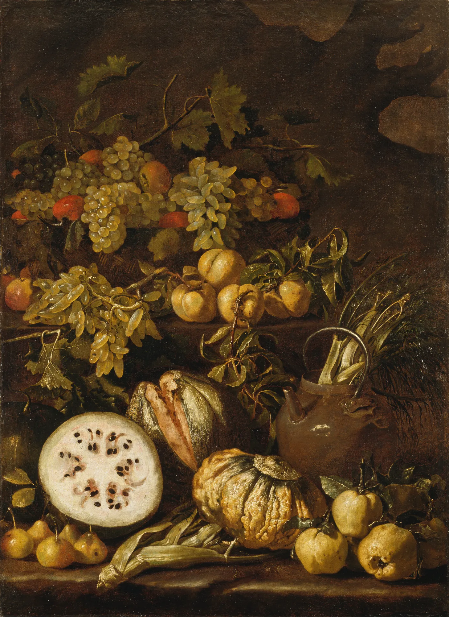 Still Life with Fruit Still Life with Fruit by Pietro Paolo Bonzi. A rich, low-lit arrangement of autumnal fruits including grapes, peaches, melon, and squash alongside a dark ceramic vessel.