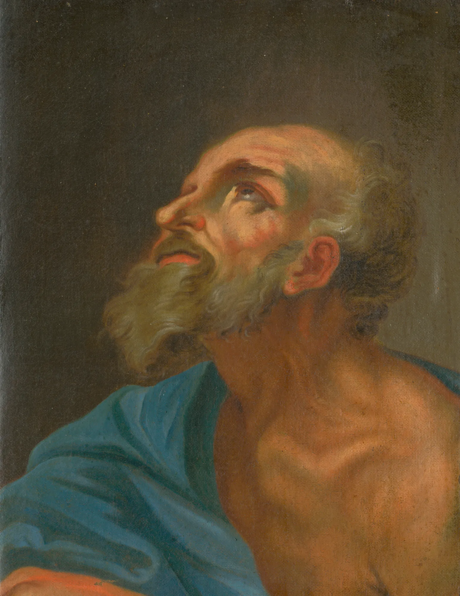 Study of an Apostle's Head Study of an Apostle's Head by Unknown Artist. An oil painting depicting an elderly bearded man looking upward with a devout expression, wearing a vibrant blue cloak.