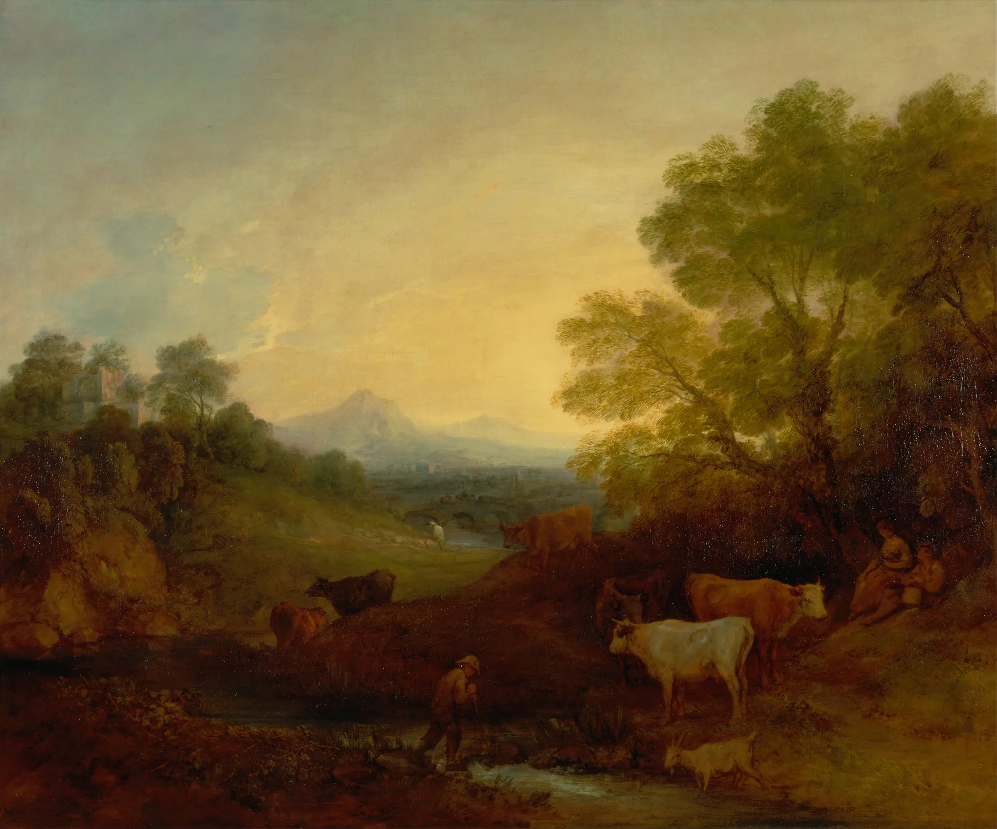 Landscape with Cattle Landscape with Cattle by Thomas Gainsborough. An atmospheric pastoral landscape featuring cattle, a herdsman crossing a stream, and distant mountains under a hazy, golden sky.