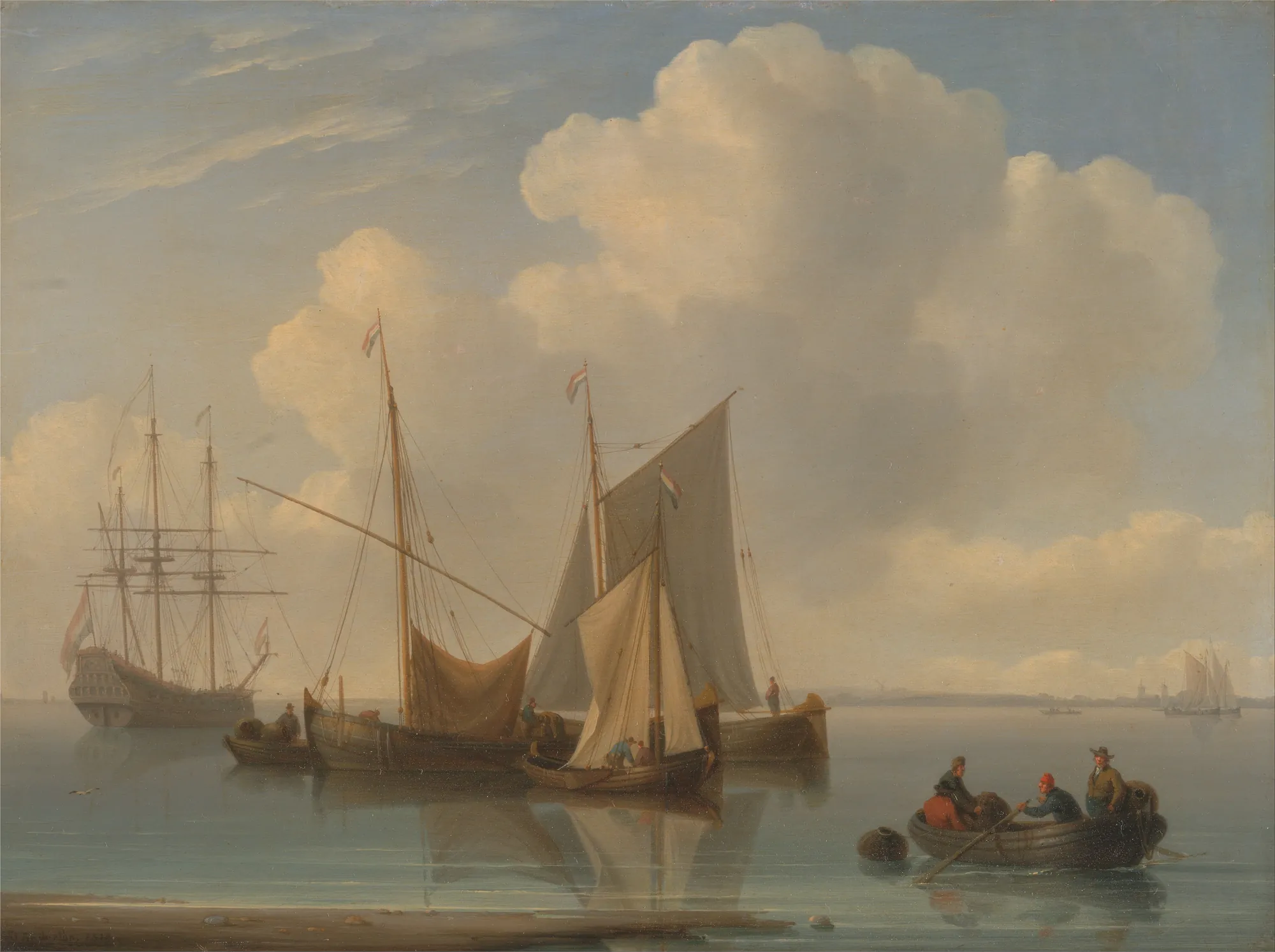 Dutch Sailing Vessels Dutch Sailing Vessels by William Anderson. A group of traditional Dutch sailing vessels and small rowboats rests on a calm, glassy sea beneath towering, soft cumulus clouds.