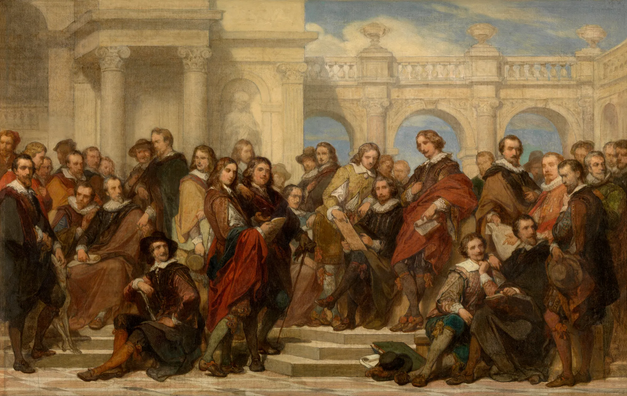 Painters and Etchers Painters and Etchers by Nicaise de Keyser. A large assembly of men in seventeenth-century European dress, representing various artists and etchers, gathered in a grand classical loggia.