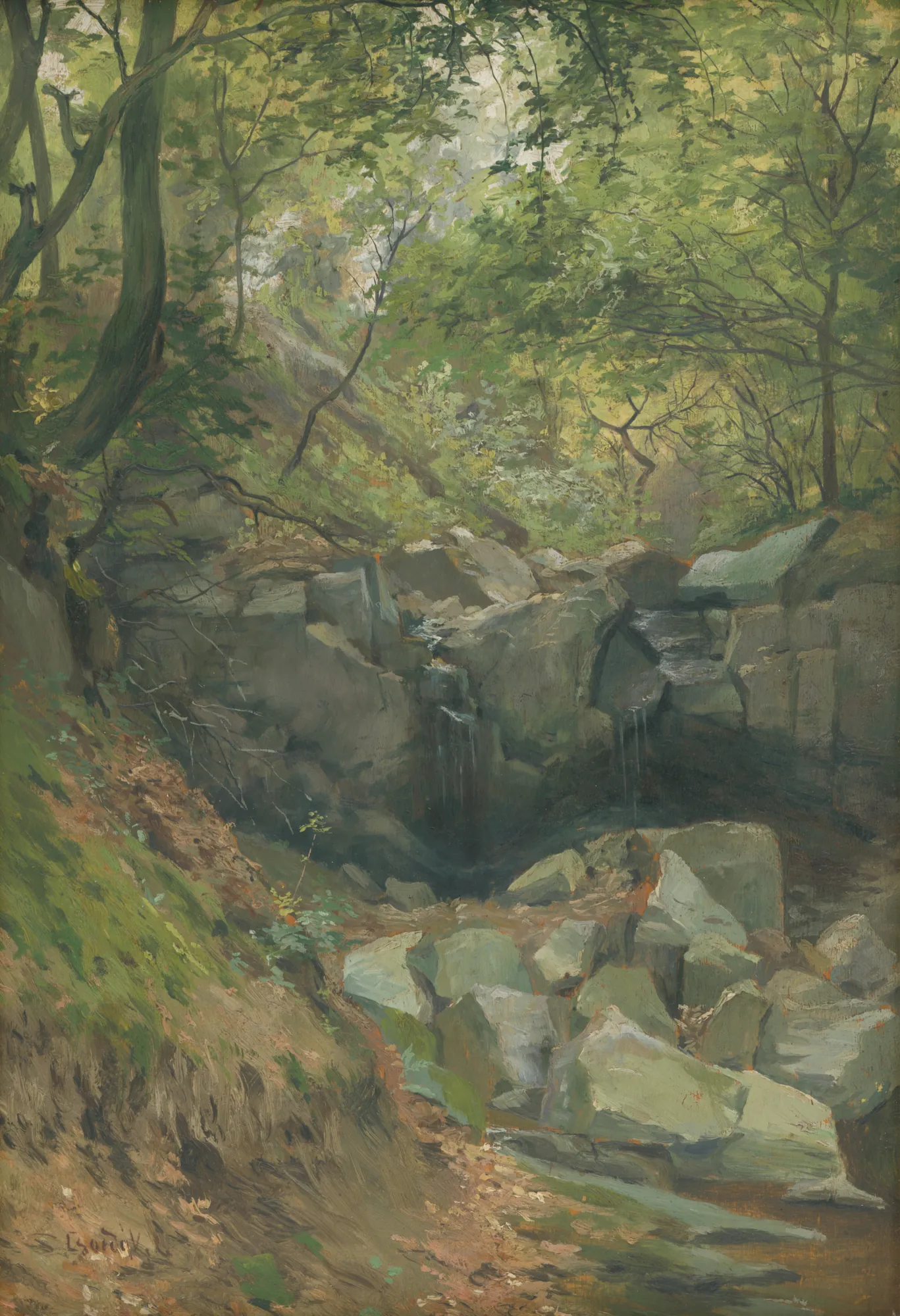 Forest Brook (Lesný potok) Forest Brook (Lesný potok) by Lajos Csordák. An impressionistic oil painting depicting a shallow, rocky stream flowing through a dense, verdant forest.