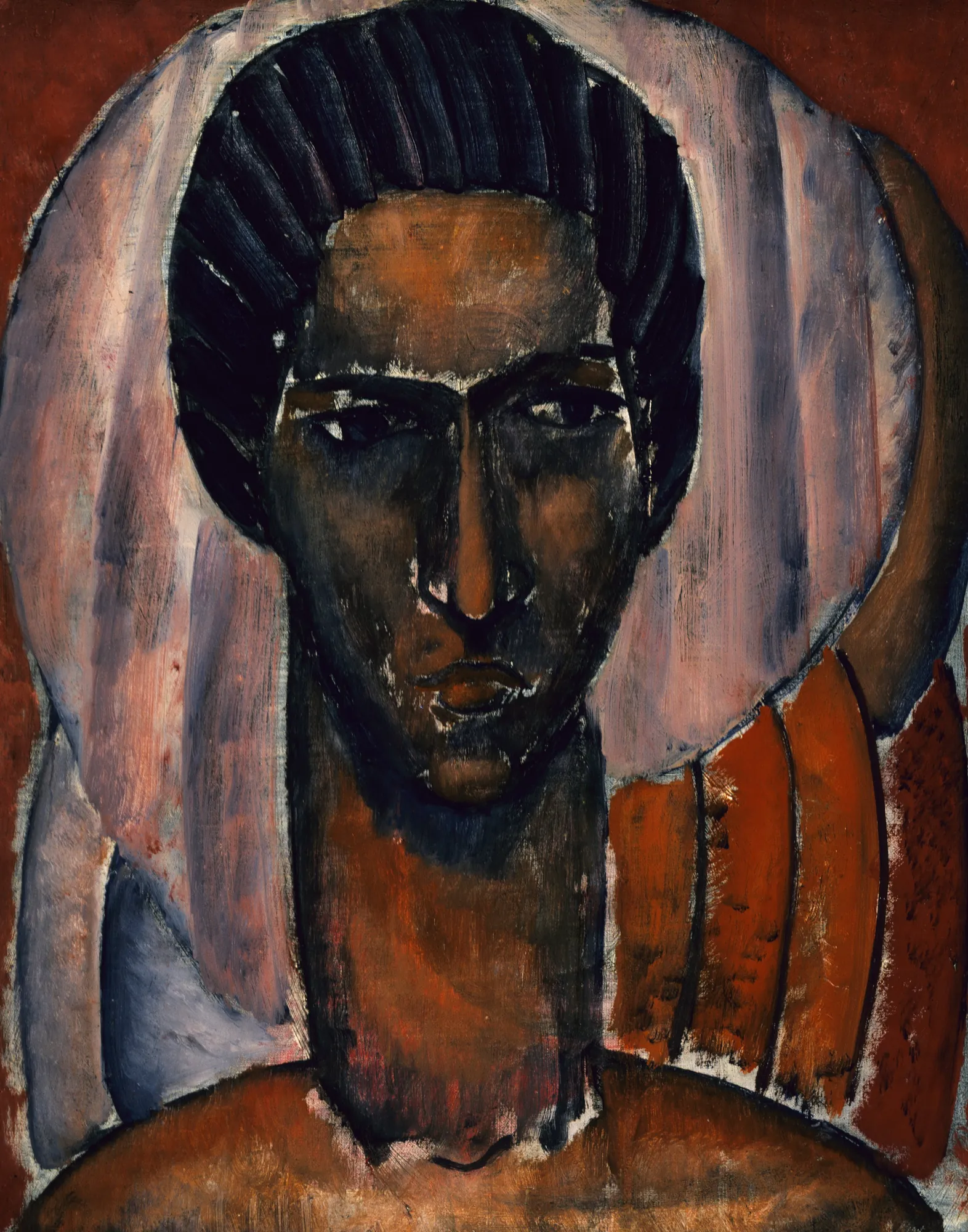 Self-Portrait Self-Portrait by Morris Kantor. A stylized modernist self-portrait of a man with elongated features and dark hair against a contrasting red and muted blue background.