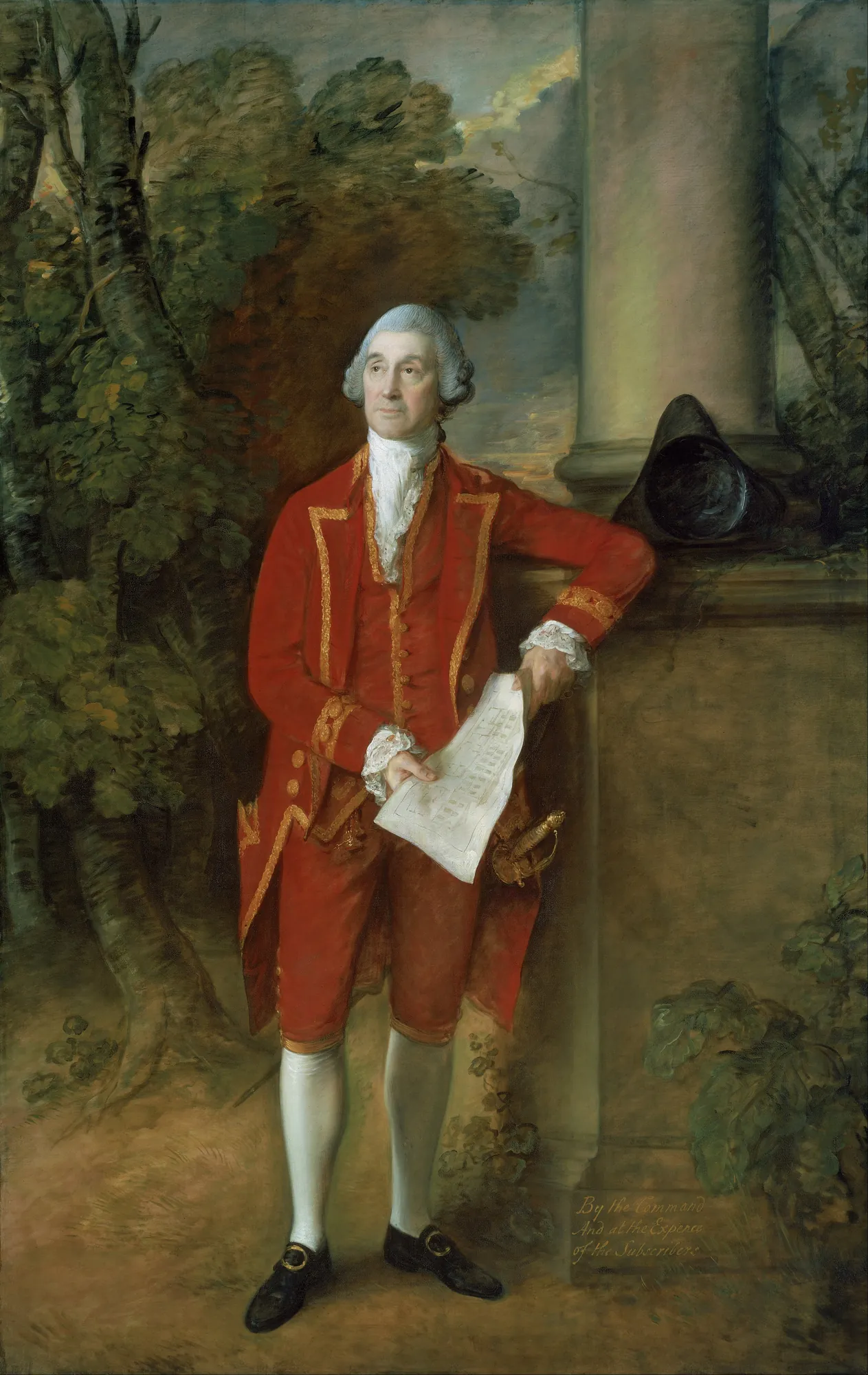 John Eld of Seighford Hall John Eld of Seighford Hall by Thomas Gainsborough. A full-length portrait of a gentleman in a striking red-and-gold coat leaning against a stone pedestal in a wooded landscape.