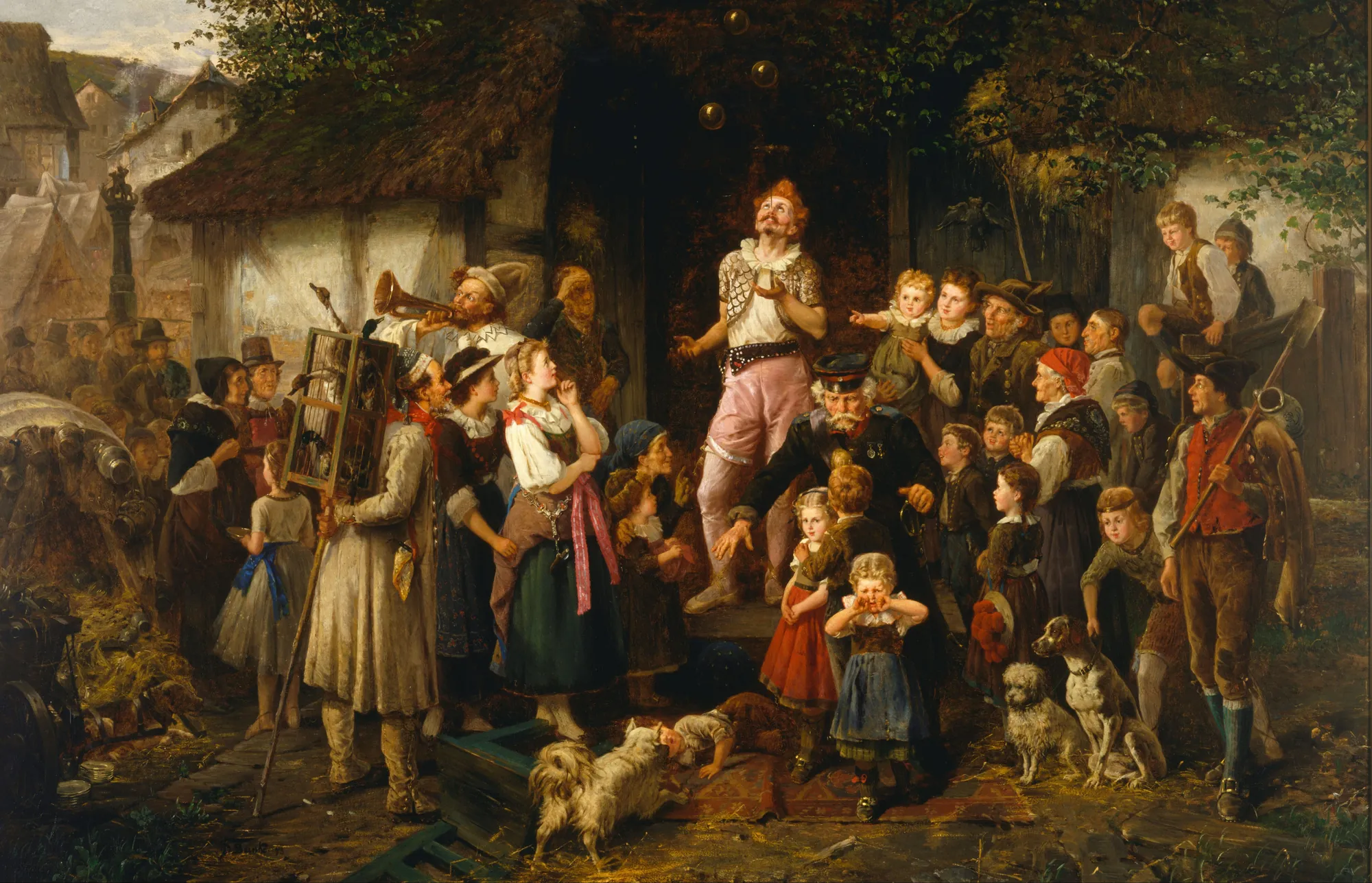 The Juggler: A Village Fair The Juggler: A Village Fair by Fritz Beinke. A crowd of villagers, including children, a soldier, and dogs, watches a juggler perform in front of a rustic cottage.
