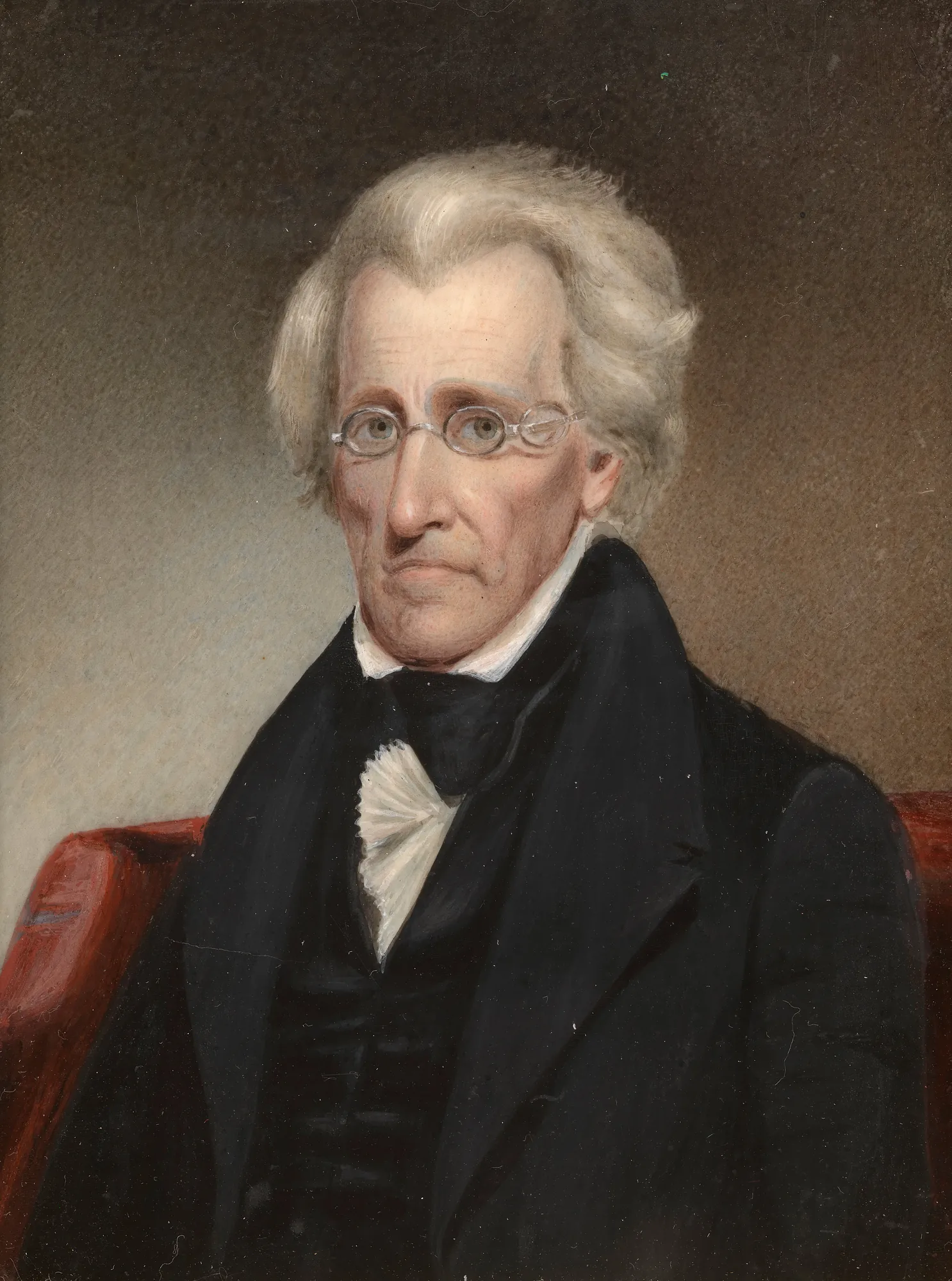 Andrew Jackson Andrew Jackson by James Tooley. A formal portrait of an elderly Andrew Jackson with white hair and spectacles, wearing a dark coat and white cravat.