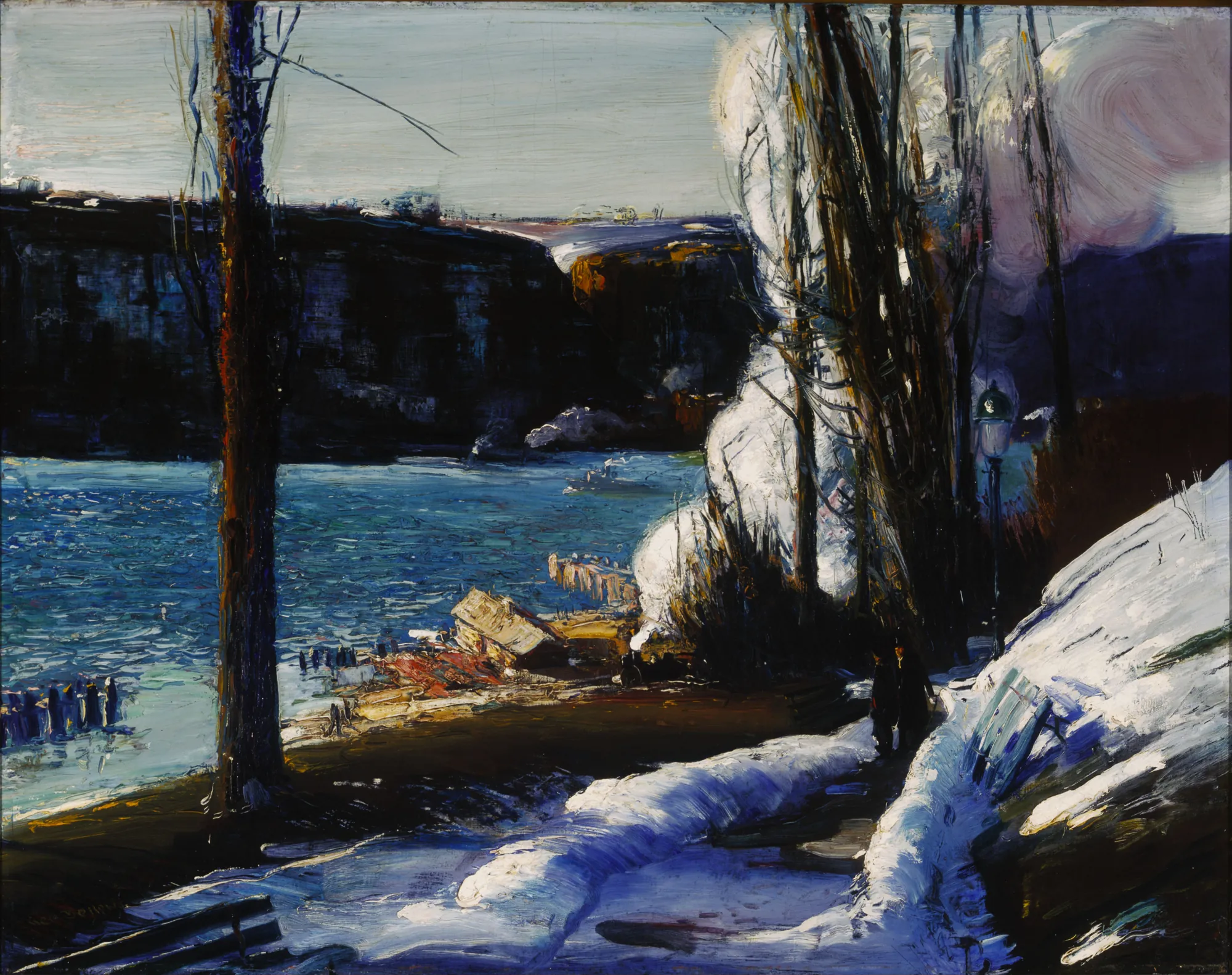 The Palisades The Palisades by George Bellows. A winter landscape showing the Hudson River with snow-covered banks in the foreground and the dark cliffs of the Palisades in the background.