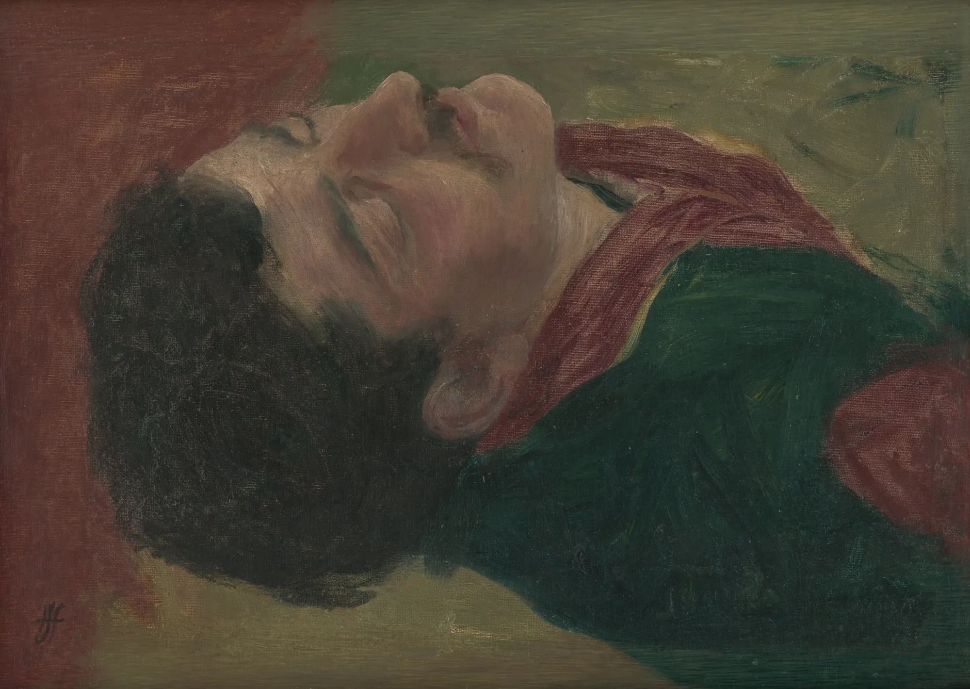 Study of a Human Head (Štúdia ľudskej hlavy) Study of a Human Head (Štúdia ľudskej hlavy) by Jozef Hanula. A horizontal oil painting depicting a close-up study of a man's head with closed eyes against a background of dark red and green.