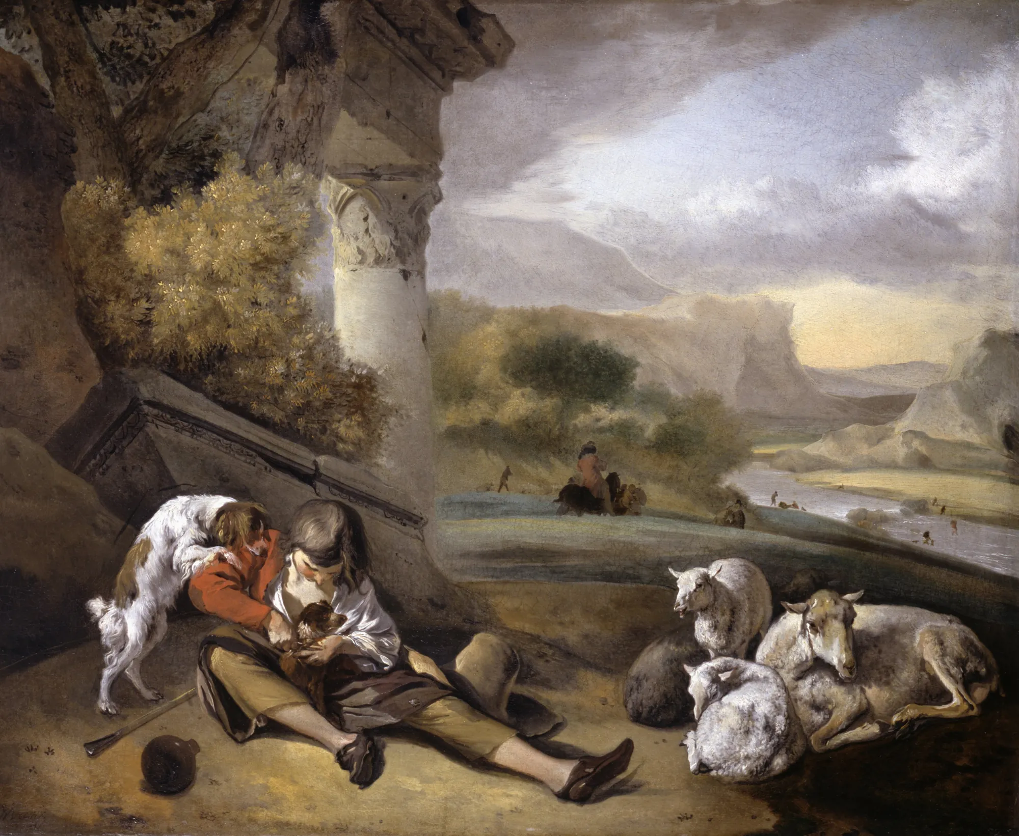 Landscape with Shepherd Boy Landscape with Shepherd Boy by Jan Weenix. A young shepherd sits beside classical ruins, tending to a dog while sheep rest nearby in a sprawling river landscape.