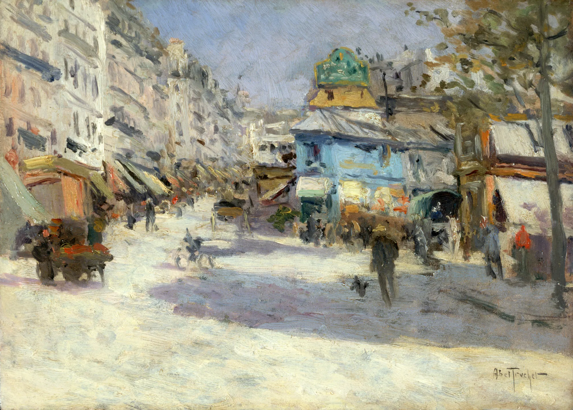 La Rue Lepic at Place Blanche, Paris La Rue Lepic at Place Blanche, Paris by Louis Abel-Truchet. A vibrant Impressionist painting depicting a bustling Parisian street corner with horse-drawn carriages and figures under a soft, sunlit sky.