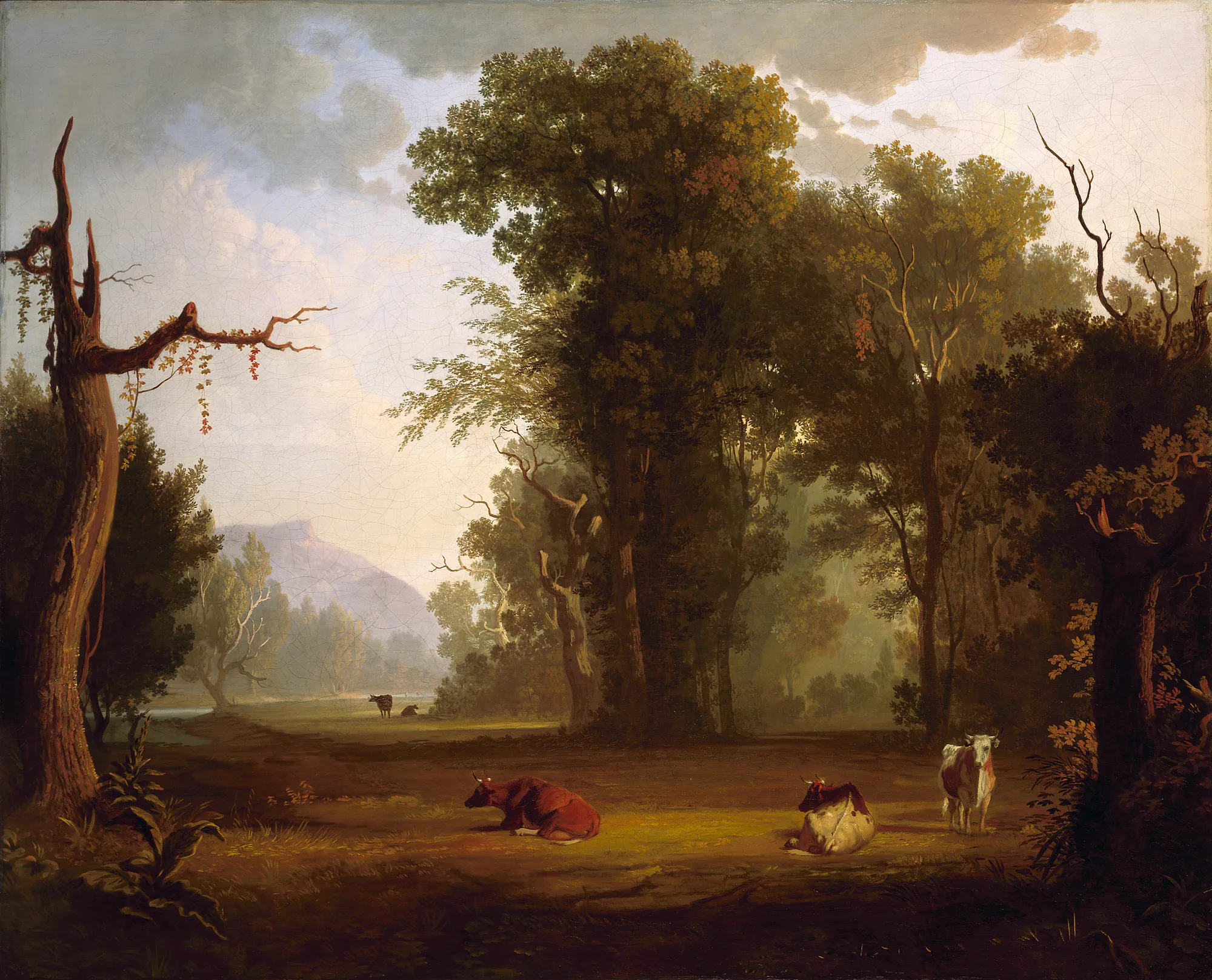 Landscape with Cattle Landscape with Cattle by George Caleb Bingham. A peaceful landscape depicting cattle resting in a sun-lit woodland clearing with mountains visible in the hazy distance.
