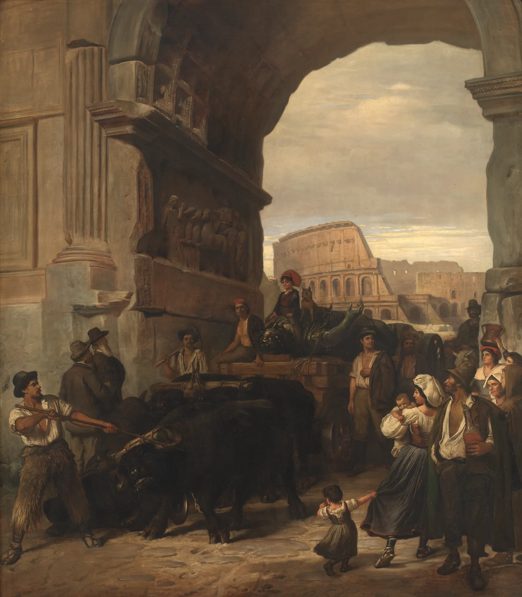 Roman Workmen Transporting an Antique Statue through the Arch of Titus Roman Workmen Transporting an Antique Statue through the Arch of Titus by Ludvig Abelin Schou. A group of laborers and oxen transport a large reclining statue on a cart through the shadow of the Arch of Titus, with the Colosseum visible in the background.