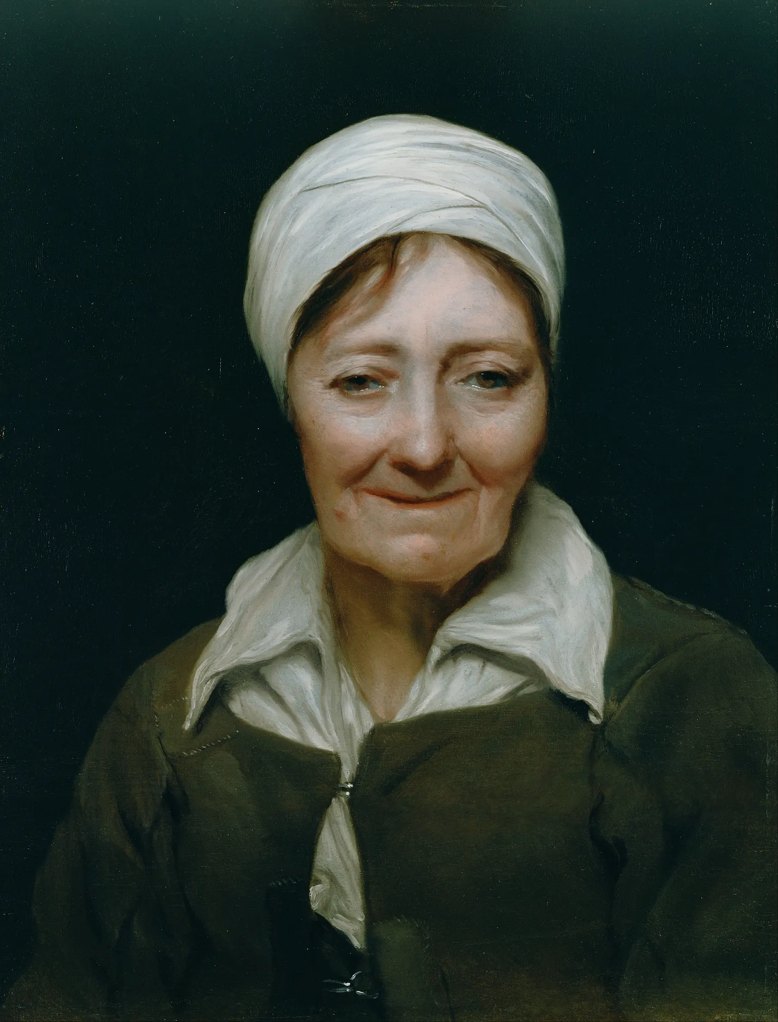 Head of a Woman Head of a Woman by Michiel Sweerts. An intimate portrait of an elderly woman wearing a white headscarf and a white collar over a dark jacket, set against a solid dark background.