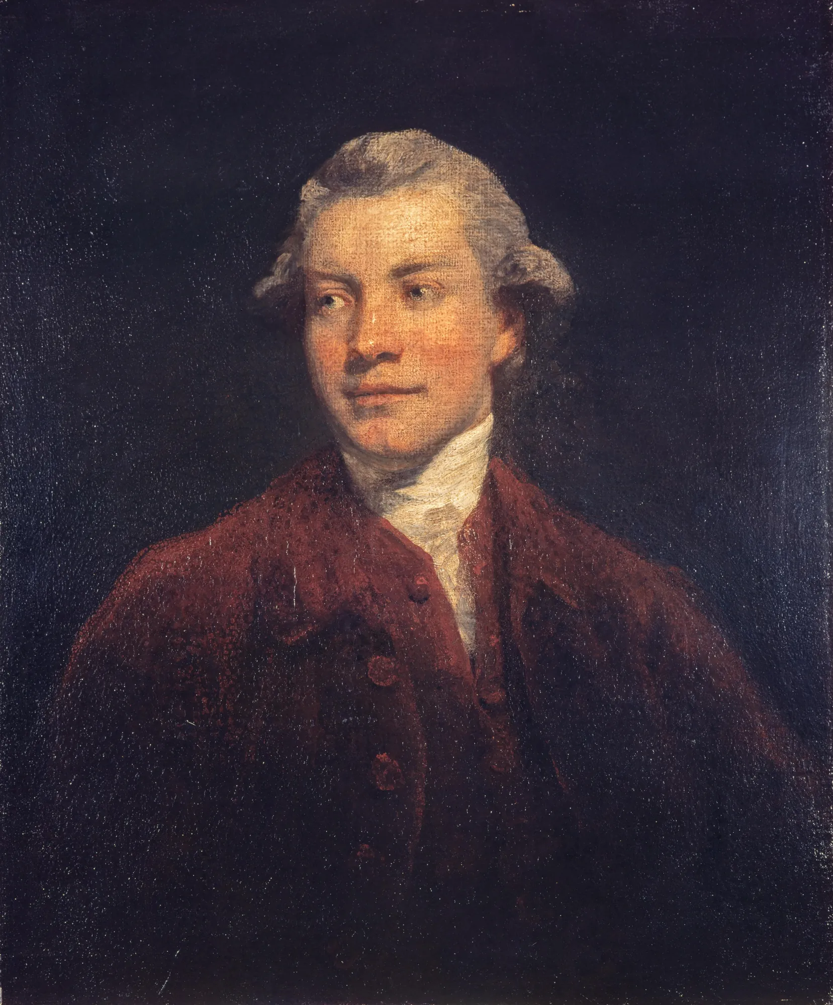 Sir John Macpherson Sir John Macpherson by Joshua Reynolds. A half-length portrait of a man with powdered hair looking to the side, wearing a white cravat and a reddish-brown coat against a dark, moody background.