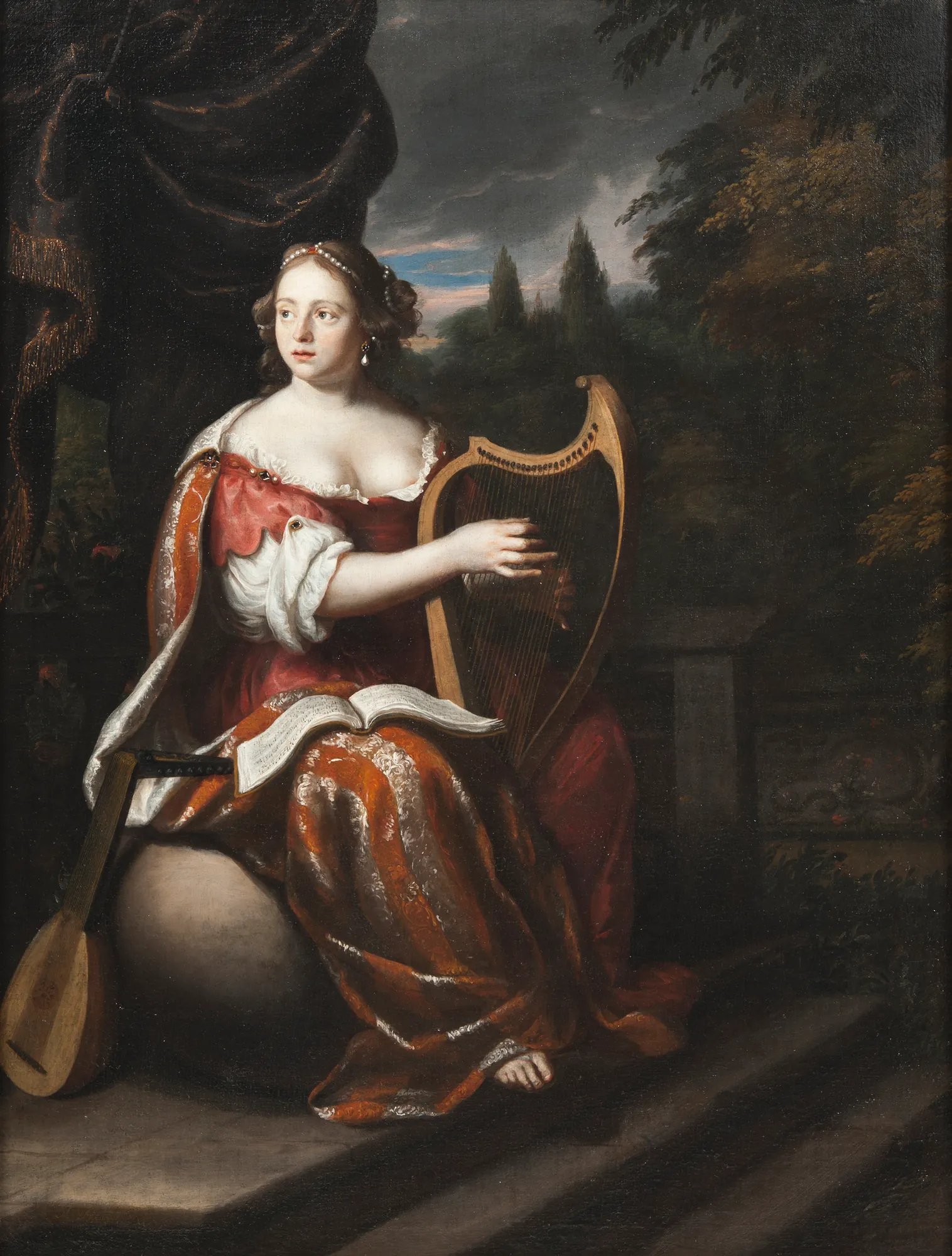 A Lady Playing the Harp A Lady Playing the Harp by Martin Mytens. A lady in a shimmering red and silver gown is seated on a stone terrace playing a small harp, with a landscape background under a moody sky.