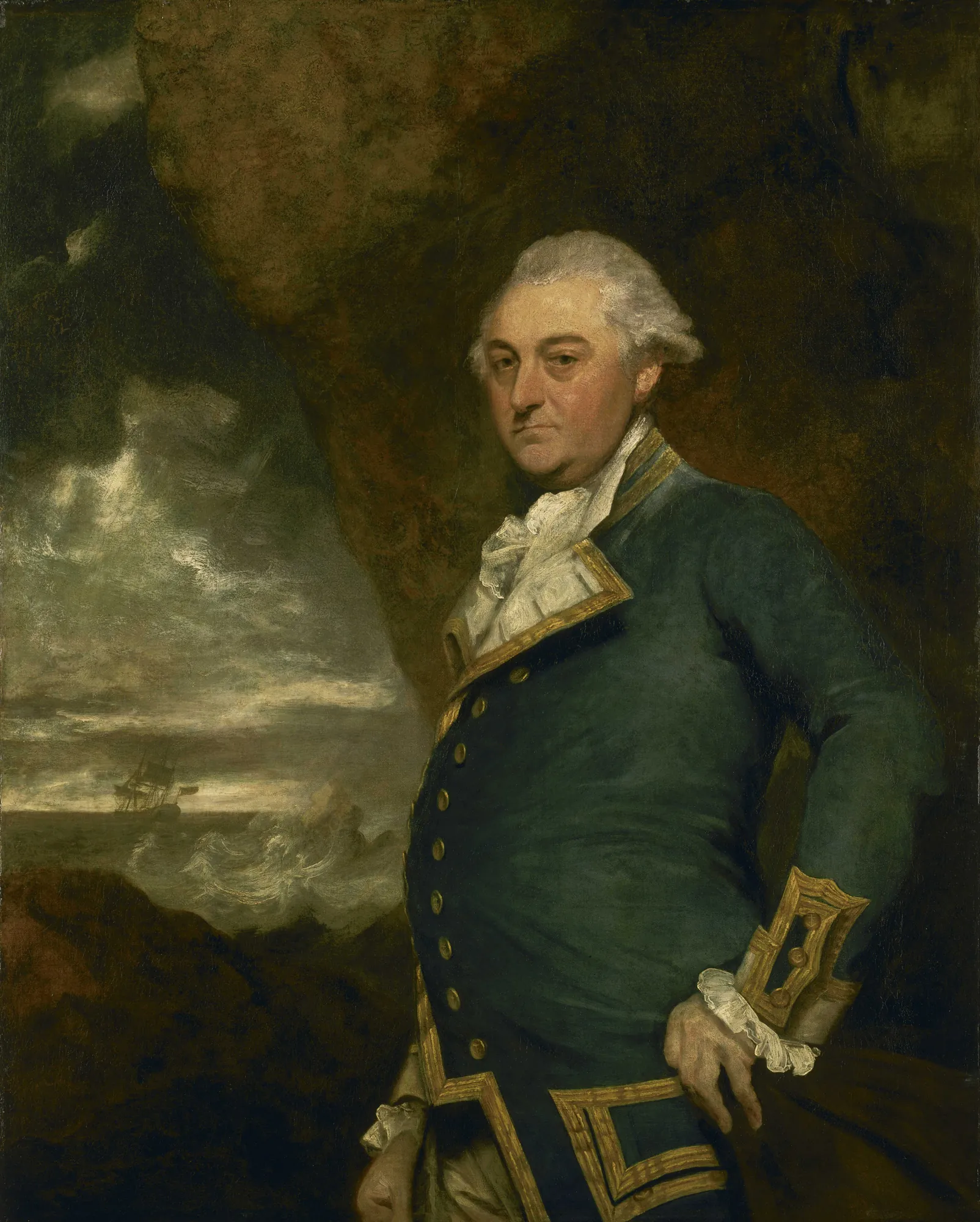 Captain John Gell Captain John Gell by Joshua Reynolds. A three-quarter length portrait of a naval officer in a blue uniform with gold trim, standing before a rocky cliff with a ship in a stormy sea in the background.