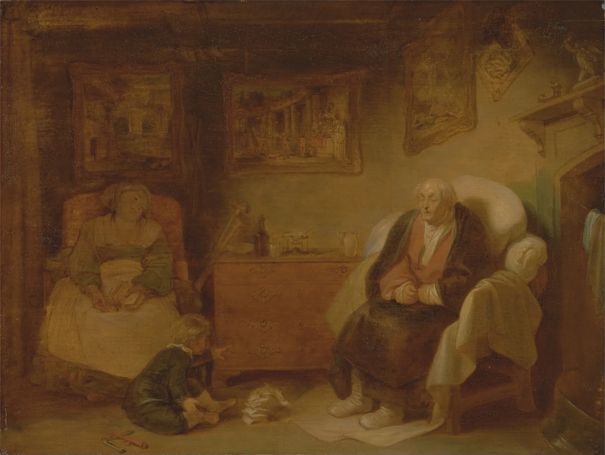 The Seven Ages of Man: Second Childishness The Seven Ages of Man: Second Childishness by Robert Smirke. An interior scene depicting an elderly man seated in an armchair, attended by a woman while a small child plays on the floor.