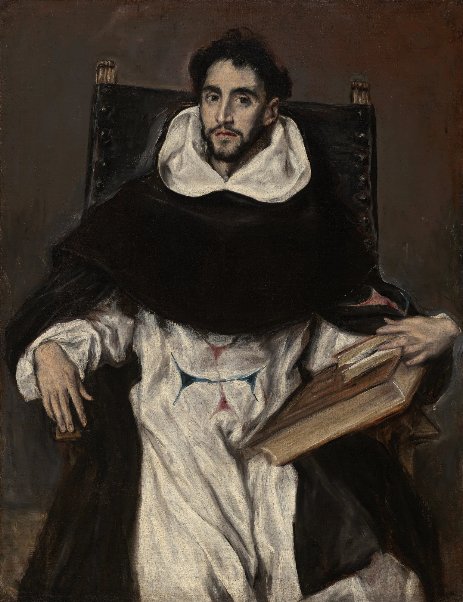 Fray Hortensio Félix Paravicino Fray Hortensio Félix Paravicino by El Greco. A seated portrait of a friar in black and white robes holding a large book, rendered with dramatic lighting and a penetrating gaze.