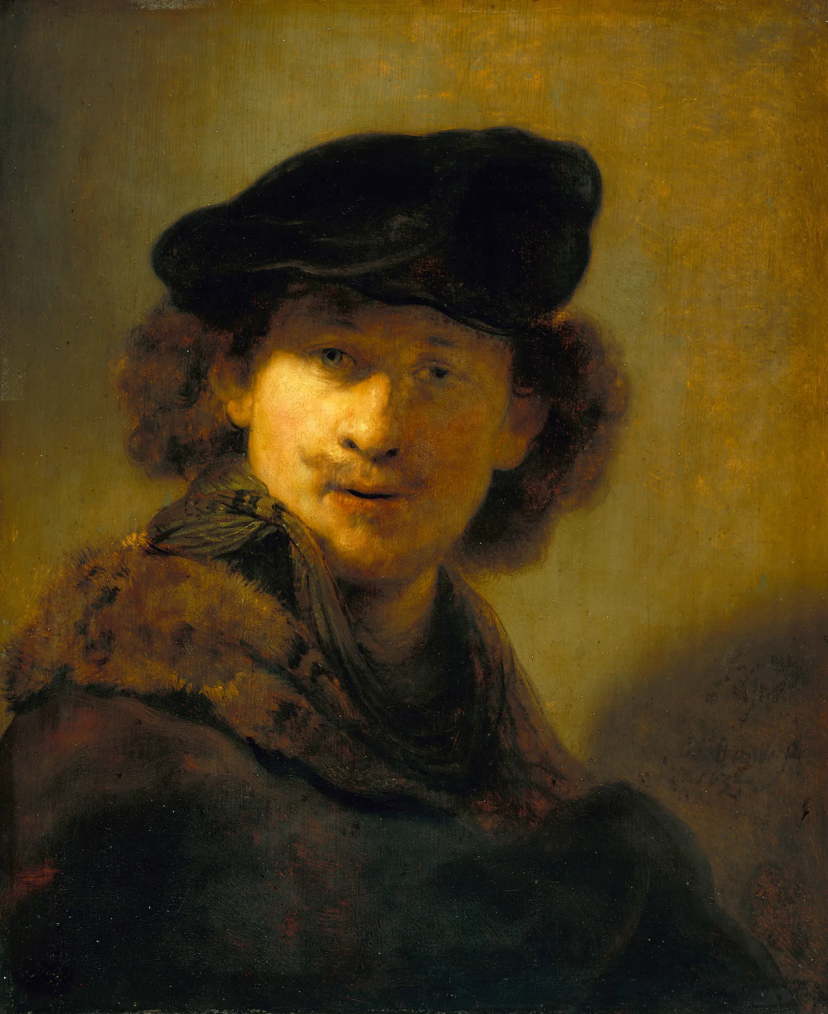 Self-Portrait in a Velvet Beret Self-Portrait in a Velvet Beret by Rembrandt. A somber and dignified portrait of a man wearing a dark velvet beret and a fur-trimmed cloak, illuminated by soft, directional light.