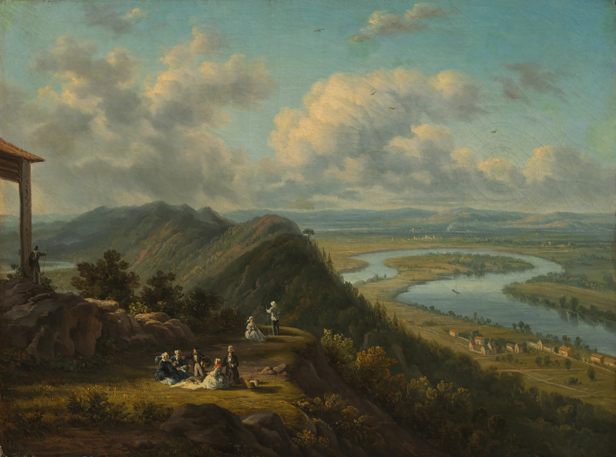 The Oxbow Seen from Mount Holyoke The Oxbow Seen from Mount Holyoke by Victor de Grailly. A panoramic landscape view from a rocky height overlooking a winding river oxbow, with a group of Victorian-era figures gathered in the foreground.