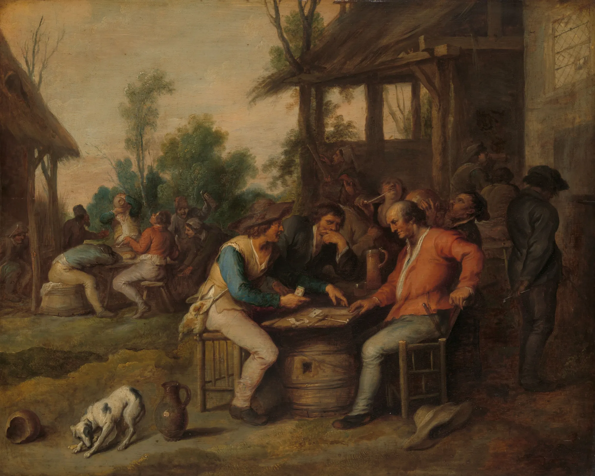 Peasants Playing Cards Outside an Inn Peasants Playing Cards Outside an Inn by Vincent Malo (I), Vincent Malo (II). A group of peasants gathered around a barrel playing cards and drinking outside a rustic wooden inn.