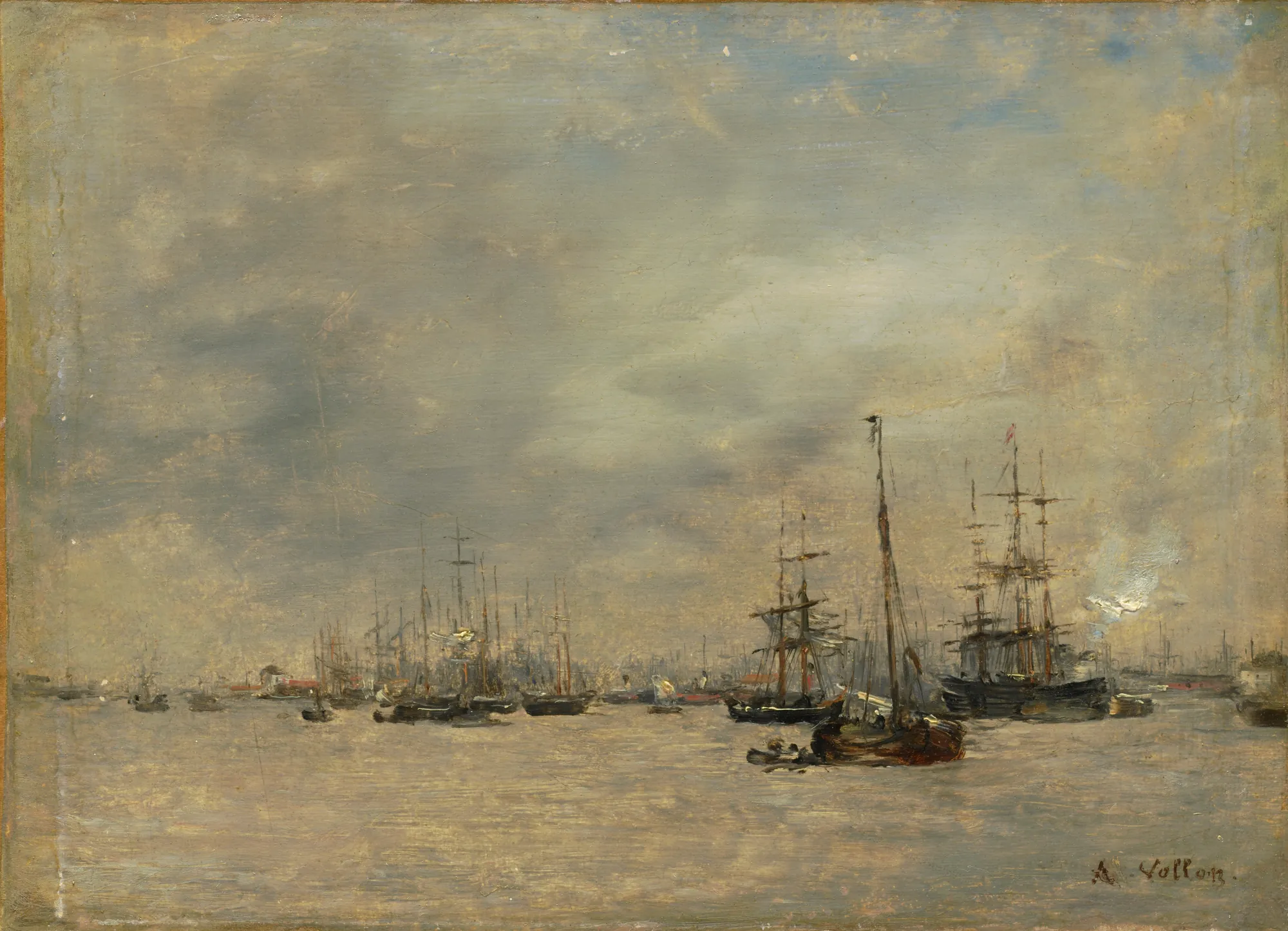 Harbor Scene Harbor Scene by Antoine Vollon. An atmospheric oil painting depicting numerous masted ships anchored in a busy harbor under a hazy, overcast sky.