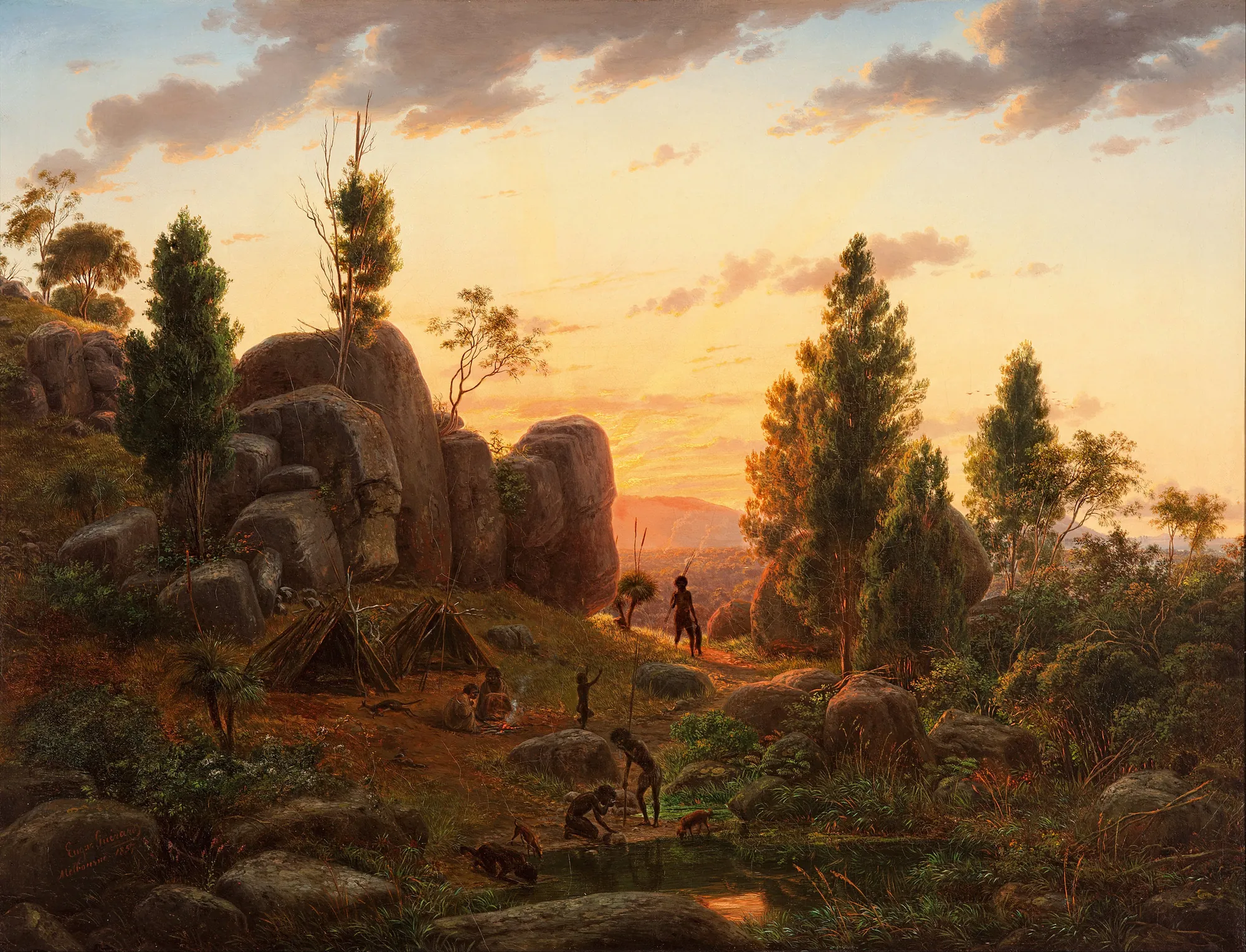 Stony Rises, Lake Corangamite Stony Rises, Lake Corangamite by Eugene von Guerard. A detailed 19th-century landscape painting depicting an Indigenous Australian encampment among large rocky outcrops under a glowing golden sunset.