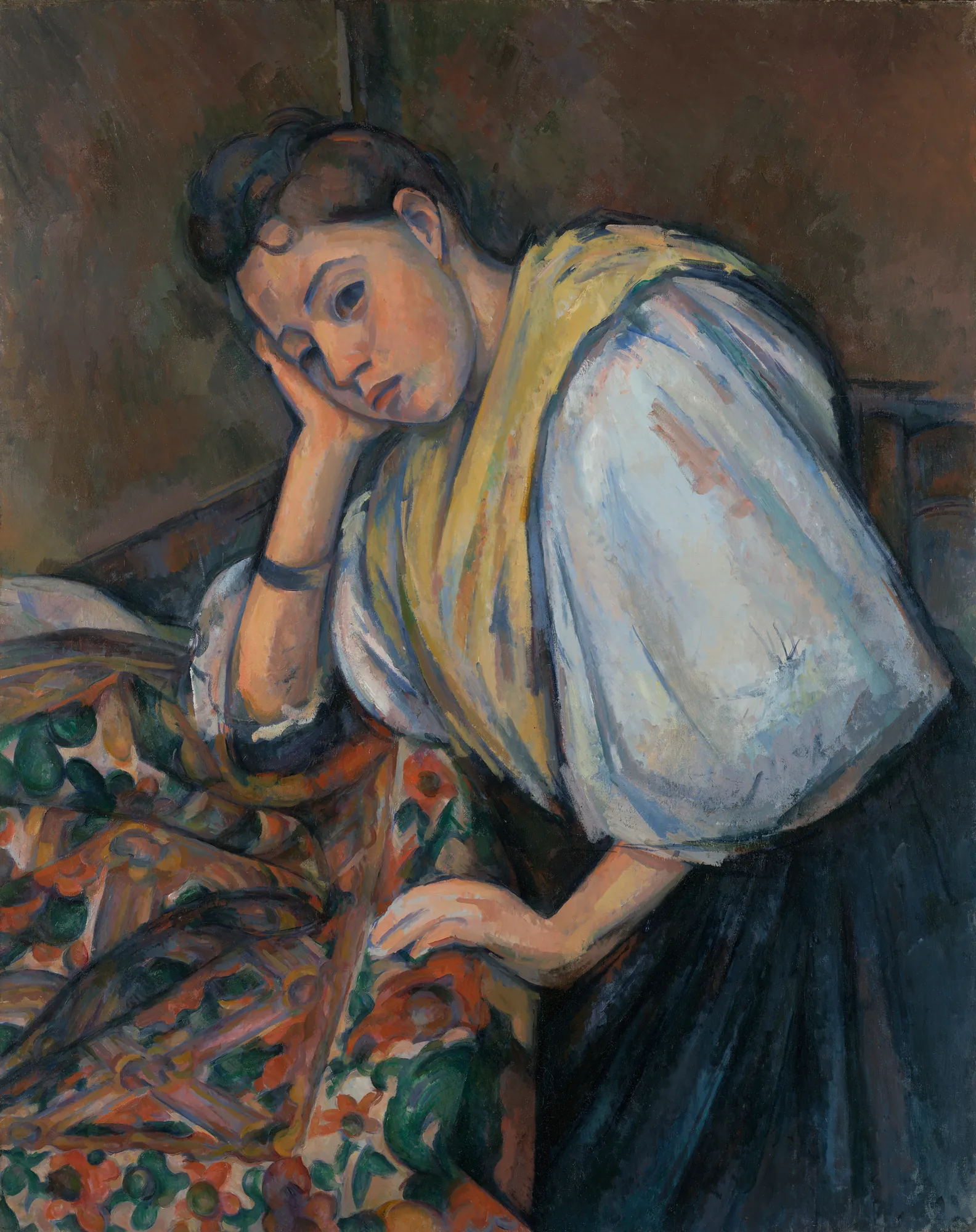 Young Italian Woman at a Table Young Italian Woman at a Table by Paul Cézanne. A woman in a white blouse and yellow shawl leans thoughtfully on a table draped with a floral cloth.