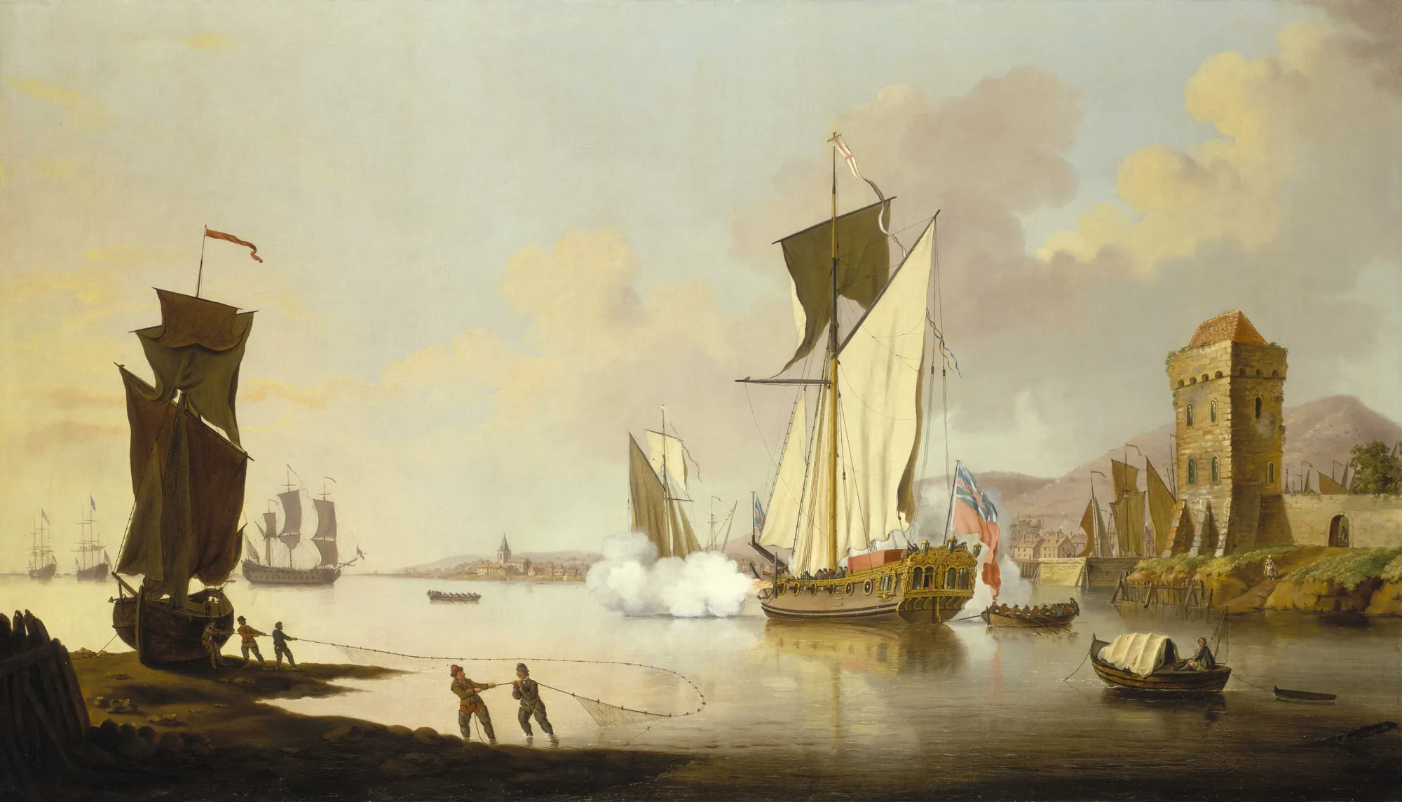 Fishing Scene with a Royal Yacht Near the Shore