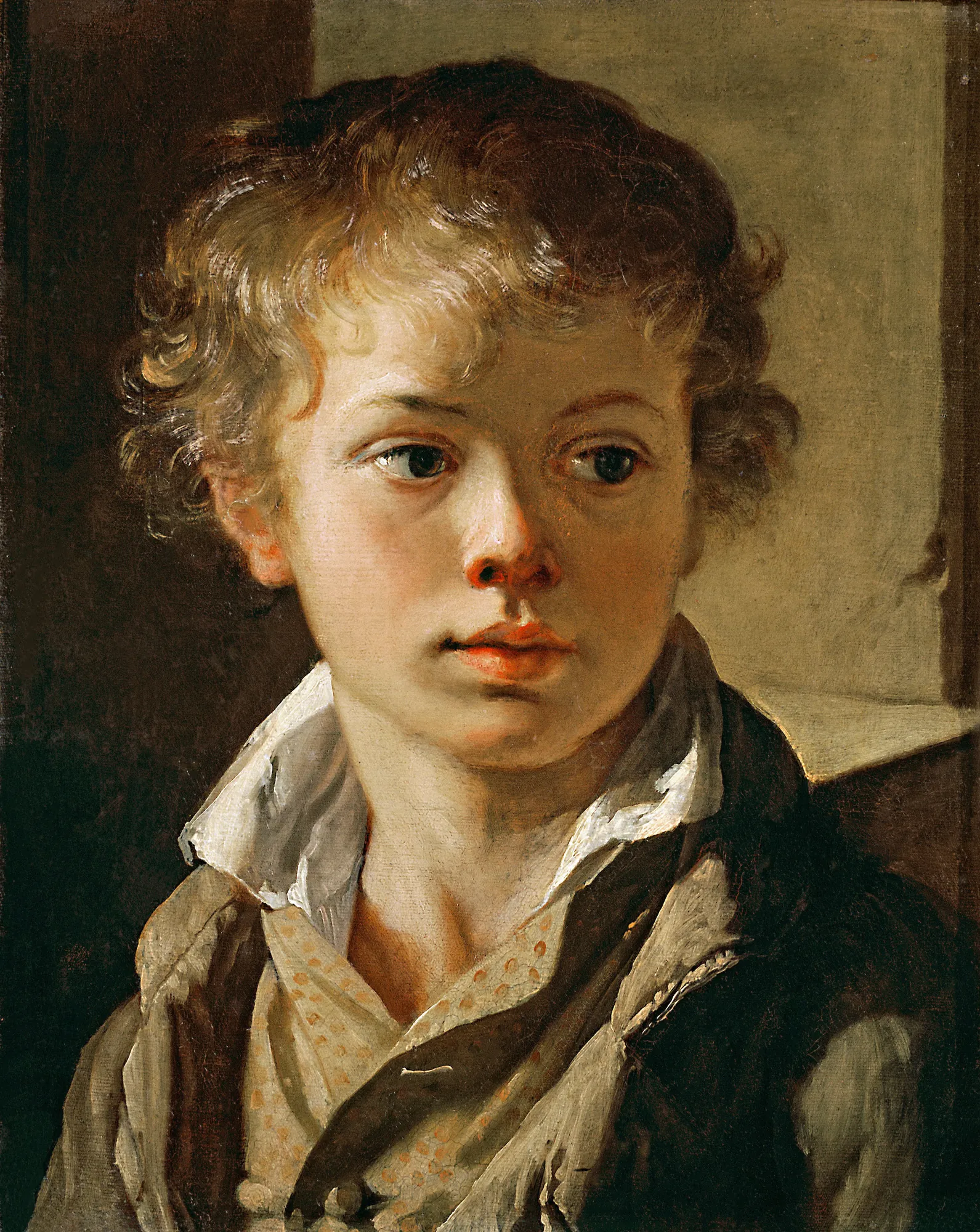 Portrait of A. V. Tropinin Portrait of A. V. Tropinin by Vasily Andreevich Tropinin. A close-up portrait of a young boy with curly brown hair and a pensive expression, wearing a high-collared shirt and waistcoat.