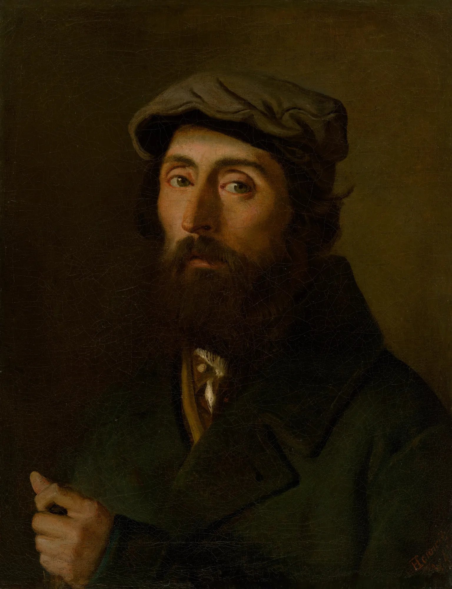 Study of a Man from the Ghetto Study of a Man from the Ghetto by Leopold Horovitz. A pensive oil portrait of a middle-aged man with a dark beard and a grey cap, set against a dark, atmospheric background.