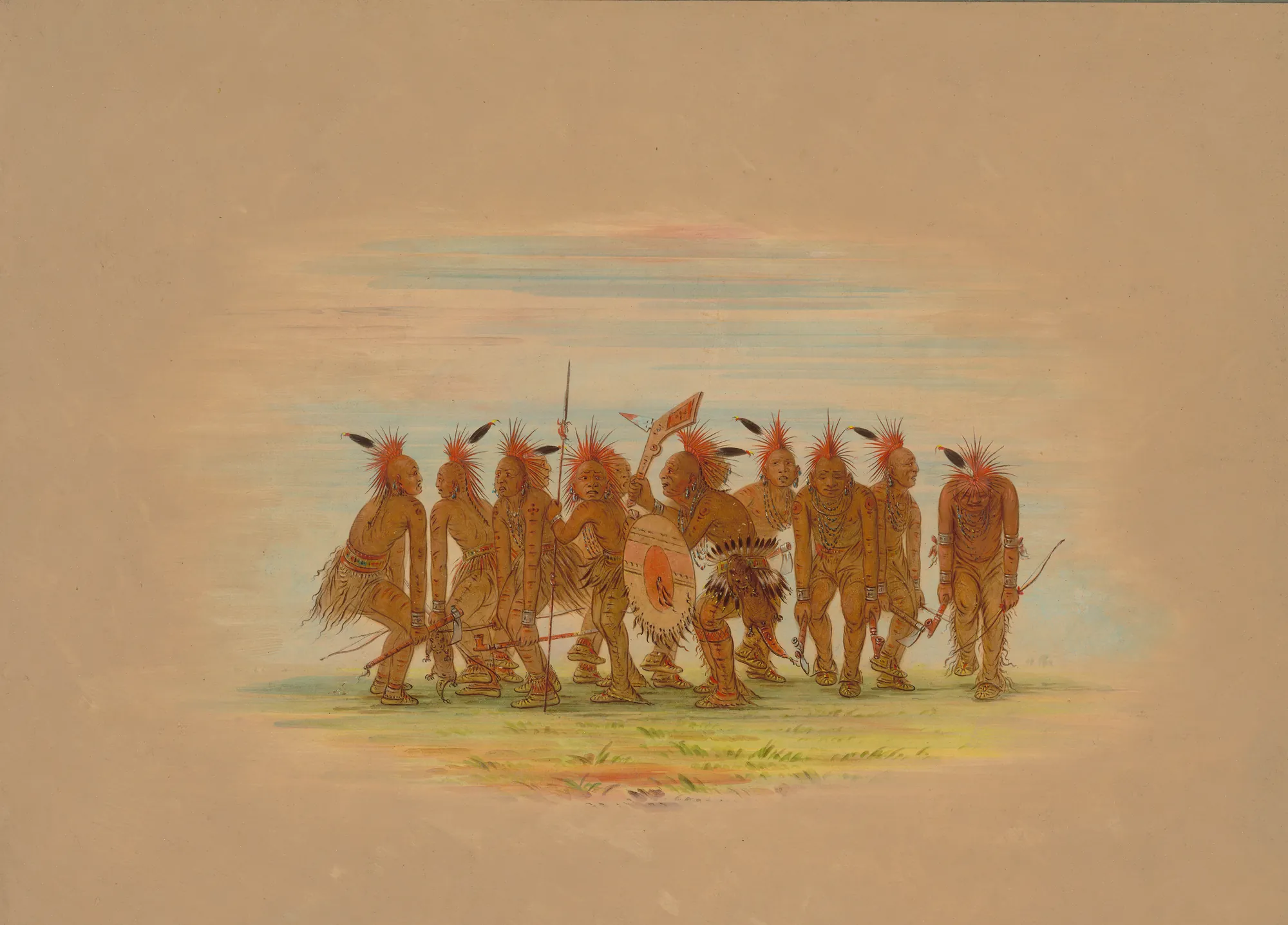 Amusing Dance (Saukie) Amusing Dance (Saukie) by George Catlin. A row of eleven Saukie men wearing red-feathered headdresses and carrying shields and bows perform a ceremonial dance.